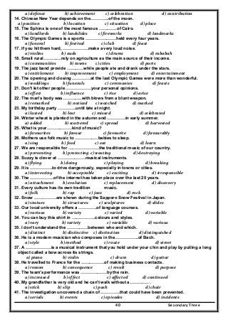 Secondary Three40
  a) defence                   b) achievement           c) celebration                    d) contribution  
14. Chinese New Year depends on the………….of the moon.
  a) position                  b) location                  c) situation            d) place  
15. The Sphinx is one of the most famous ………….of Cairo.
  a) landlords              b) landslides           c) fireworks                    d) landmarks  
16. The Olympic Games is a sports ………………….held every four years.
  a) funeral                   b) festival              c) club                  d) feast  
17. If you hit them hard, ………………make a very loud noise.
  a) violins                b) ouds                   c) drums                      d) rababah  
18. Small rural………….rely on agriculture as the main source of their income.
  a) communities              b) towns        c) cities                          d) ports  
19. The jazz band provide …………while people ate and drank under the stars.
  a) entitlement     b) improvement             c) employment             d) entertainment  
20. The opening and closing ………….at the last Olympic Games were more than wonderful.
  a) weddings    b) funerals                  c) ceremonies                     d) feasts  
21. Don't let other people ………………your personal opinions.
  a) effect               b) influence                  c) rise                  d) arise  
22. The man's body was…………..with blows from a blunt weapon.
  a) remarked        b) noticed        c) watched                 d) marked  
23. My birthday party ………….until late at night.
  a) lasted                 b) lost                  c) missed                         d) celebrated  
24. Winter wheat is planted in the autumn and ………….in early summer.
           a) added                   b) scattered            c) spread                 d) harvested 
25. What is your………………kind of music?
  a) favourites    b) favour                c) favourite               d) favourably  
26. Mothers use folk music to ……………..babies to sleep.
  a) sing                b) feed                     c) eat                          d) learn  
27. We are responsible for ………………….the traditional music of our country.
  a) preventing   b) protecting  c) wasting                   d) destroying  
28. Suzzy is clever at ………………..musical instruments.
  a) flying               b) doing                 c) playing                 d) breaking  
29. It is …………….to drive dangerously, especially in towns or cities.
  a) interesting        b) acceptable      c) exciting                        d) irresponsible  
30. The ……………..of the internet has taken place over the last 20 years.
  a) attachment   b) evolution              c) replacement                   d) discovery  
31. Every culture has its own tradition music.
  a) folk                 b) rap               c) jazz                         d) rock  
32. Snow …………….are shown during the Sapporo Snow Festival in Japan.
  a) statues                 b) structures           c) sculptures                   d) slides  
33. Our local university offers a ………….of language courses.
  a) various                 b) variety                  c) varied                    d) variable  
34. You can buy this shirt in ……………..colours and styles.
  a) vary                b) variety                    c) variable                    d) various  
35. I don't understand the ……………between who and which.
  a) distinct                 b) distinctive     c) distinction                    d) distinguished  
36. He is a modem musician who composes in the……………..of Bach.
  a) style               b) method                 c) route                           d) street  
37. A ………………is a musical instrument that you hold under your chin and play by pulling a long
object called a bow across its strings.
   a) piano                 b) violin                        c) drum                       d) guitar  
38. He travelled to France for the ……………..of making business contacts.
  a) reason                 b) consequence                c) result                           d) purpose  
39. The team's performance was ……………….by the rain.
  a) increased               b) effect                    c) affected              d) continued  
40. My grandfather is very old and he can't walk without a………….. .
  a) stick            b) slip                        c) push                                d) chair  
41. The investigation uncovered a chain of …………..that could have been prevented.
  a) serials              b) events              c) episodes                            d) incidents  
 