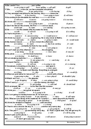 Secondary Three19
16.Be careful! You ……………….. your coffee.
a- are going to spill b-are spilling c- will spill d-spill
17.We………………..a new car, we have prepared everything.
a)will buy b) are going to buy c) are buying d) buy
18.They arranged everything for the journey, they-----------tomorrow .
a) leave b) are leaving c) are going to leave d) will leave
19.According to the timetable the nest bus ----------------at 10 am.
a) will move b) moves c)is going to move d) is moving
20.I think she------------------he next exam.
a) will pass b) is going to pass c) is passing d) passes
21.Don't be late for the cinema, the film------------at 9 as usual.
a)will start b) starts c) is starting d) is going to start.
22.He--------------me the details after he meets the boss.
a) tells b) will tell c) is going to tell d) is telling
23.That's the phone. I…………… it.
a-answer b– am answering c – would answer d – will answer
24.I think my cousin ……………. engineering. He is very clever at Maths.
a-will study b – studies c– going to study d – would study
25.My German lesson ………… at four o'clock this afternoon.
a-is stating b– starts c– has been starting d – start
26.We ……………….. probably be there for two weeks.
a-will b – may c– are going to d – are
27.I can't meet you this afternoon. I …………… the shopping.
a-am doing b– do c – have done d– may do
28.My plane …………… at 10 o'clock tomorrow.
a-is leaving b– shall leave c– leave d– leaves
29.I am studying medicine. I ……….. a doctor.
a-may be b– am going to be c – am being d – be
30.I expect that he ……………… the match.
a-wins b– will win c– is going to win d– is winning
31.Somebody is knocking on the door. I …………… and open it.
a- am going b– will go c– have gone d– go
32.She …………….. to Spain next Monday. Everything is arranged.
a-is flying b – flies c– fly d – would fly
33.What are your plans for tomorrow? – I ……………. tennis with a friend.
a-am going to play b– play c– have played d– shouldn't play
34.Watch out! You …………… the glasses.
a-are dropping b– drop c – are going to drop d– would drop
35.Don't worry. I ………………………. you the money you need.
a-lend b– am lending c– will lend d– should lend
36.It's arranged. We ……………. to the Red Sea this summer.
a-will go b – go c– are going d– may go
37.I think you…………..very good at squash.
a-will be b- is going to be c- is being d– will
38.A: I am going on holiday tomorrow. B: I'm sure you ……… it.
a-are going to enjoy b- are enjoying c- enjoy d- will enjoy
39.A: What are you doing at the weekend? B: I expect I……. some time with my friends.
a-am going to spend b- am Spending c -Will spend d–spend
40.I think the weather in England……………..cold and rainy.
a- will be b- is going to be c- is being d- shall be
41.There's not a cloud in the sky- it ……………another very sunny day.
a-is going to be b - are being c - are going be d - will be
42.A: This year I ………….go swimming every day. B: That's a good idea. You will get very fit.
a-am going to b- am going c- will d- will be going
43.Don’t pick up the phone. I ………….it.
a-answer b-am answering c-will answer d-am going to answer
44.I ……………if I don’t get a pay rise.
 