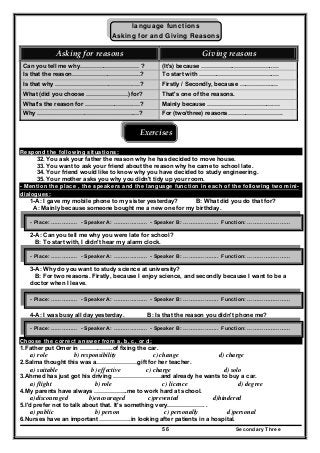 Secondary Three56
language functions
Asking for and Giving Reasons
Asking for reasons  Giving reasons 
Can you tell me why………………………… ? (It's) because ……………..………………..…
Is that the reason……………………………..? To start with ………………………………..…
Is that why ………………………………….…? Firstly / Secondly, because ……………..…
What (did you choose …………………) for? That's one of the reasons.
What's the reason for …………………….…? Mainly because …………………………….…
Why ………………………………………….…? For (two/three) reasons……………………….
Exercises 
 
Respond the following situations:
32. You ask your father the reason why he has decided to move house.
33. You want to ask your friend about the reason why he came to school late.
34. Your friend would like to know why you have decided to study engineering.
35. Your mother asks you why you didn't tidy up your room.
- Mention the place , the speakers and the language function in each of the following two mini-
dialogues:
1-A: I gave my mobile phone to my sister yesterday? B: What did you do that for?
A: Mainly because someone bought me a new one for my birthday.
2-A: Can you tell me why you were late for school?
B: To start with, I didn't hear my alarm clock.
3-A: Why do you want to study science at university?
B: For two reasons. Firstly, because I enjoy science, and secondly because I want to be a
doctor when I leave.
4-A: I was busy all day yesterday. B: Is that the reason you didn't phone me?
Choose the correct answer from a, b, c, or d:
1.Father put Omer in ……………..of fixing the car.
a) role b) responsibility c) change d) charge
2.Salma thought this was a…………………gift for her teacher.
a) suitable b) effective c) charge d) solo
3.Ahmed has just got his driving ……………………and already he wants to buy a car.
a) flight b) role c) licence d) degree
4.My parents have always ……………..me to work hard at school.
a)discouraged b)encouraged c)prevented d)hindered
5.I'd prefer not to talk about that. It's something very………………. .
a) public b) person c) personally d)personal
6.Nurses have an important …………….in looking after patients in a hospital.
- Place: …………… - Speaker A: ………….…… - Speaker B: ……………….. Function: ……………………
- Place: …………… - Speaker A: ………….…… - Speaker B: ……………….. Function: ……………………
- Place: …………… - Speaker A: ………….…… - Speaker B: ……………….. Function: ……………………
- Place: …………… - Speaker A: ………….…… - Speaker B: ……………….. Function: ……………………
 