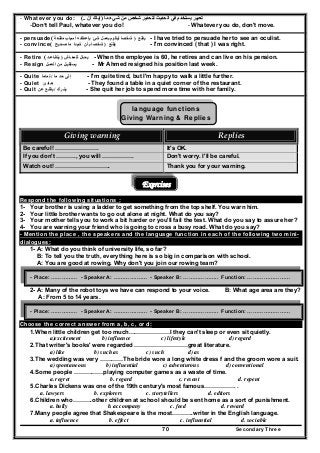 Secondary Three70
- Whatever you do: ‫ما‬ ‫شيء‬ ‫من‬ ‫شخص‬ ‫لتحذير‬ ‫الحديث‬ ‫في‬ ‫يستخدم‬ ‫تعبير‬)‫أن‬ ‫إياك‬(..
-Don’t tell Paul, whatever you do! - Whatever you do, don't move.
- persuade ‫يقنع‬)‫بعمل‬ ‫ليقوم‬ ‫شخصا‬‫مقنعة‬ ‫أسباب‬ ‫بإعطائه‬ ‫شئ‬( - I have tried to persuade her to see an oculist.
- convince ‫يقنع‬)‫صحيح‬ ‫ما‬ ‫شيئا‬ ‫بأن‬ ‫شخصا‬( - I'm convinced ( that ) I was right.
- Retire ‫يح‬‫ـال‬‫للمعـاش‬)‫يتقـاعـد‬( - When the employee is 60, he retires and can live on his pension.
- Resign ‫يستقي‬‫من‬ ‫ـل‬‫العمـل‬ - Mr Ahmed resigned his position last week.
- Quite ‫إلى‬‫ما‬ ‫حد‬/‫تماما‬ - I'm quite tired, but I'm happy to walk a little further.
- Quiet ‫ھـادئ‬ - They found a table in a quiet corner of the restaurant.
- Quit ‫يتـرك‬/‫يقلـع‬‫عن‬ - She quit her job to spend more time with her family.
language functions
Giving Warning & Replies
Giving warning  Replies 
Be careful! …………………. It's OK.
If you don't ………., you will ……………. Don't worry. I'll be careful.
Watch out! ………………………. Thank you for your warning.
Exercises
Respond the following situations :
1- Your brother is using a ladder to get something from the top shelf. You warn him.
2- Your little brother wants to go out alone at night. What do you say?
3- Your mother tells you to work a bit harder or you'll fail the test. What do you say to assure her?
4- You are warning your friend who is going to cross a busy road. What do you say?
- Mention the place , the speakers and the language function in each of the following two mini-
dialogues:
1- A: What do you think of university life, so far?
B: To tell you the truth, everything here is so big in comparison with school.
A: You are good at rowing. Why don't you join our rowing team?
2- A: Many of the robot toys we have can respond to your voice. B: What age area are they?
A: From 5 to 14 years.
Choose the correct answer from a, b, c, or d:
1.When little children get too much…………………I they can't sleep or even sit quietly.
a)excitement b) influence c) lifestyle d) regard
2.That writer's books' were regarded ………………………great literature.
a) like b) such as c) such d) as
3.The wedding was very …………The bride wore a long white dress f and the groom wore a suit.
a) spontaneous b) influential c) adventurous d) conventional
4.Some people ……………playing computer games as a waste of time.
a. regret b. regard c. resent d. repent
5.Charles Dickens was one of the 19th century's most famous……………. .
a. lawyers b. explorers c. storytellers d. editors
6.Children who……….other children at school should be sent home as a sort of punishment.
a. bully b. accompany c. feed d. reward
7.Many people agree that Shakespeare is the most………..writer in the English language.
a. influence b. effect c. influential d. sociable
- Place: …………… - Speaker A: ………….…… - Speaker B: ……………….. Function: ……………………
- Place: …………… - Speaker A: ………….…… - Speaker B: ……………….. Function: ……………………
 