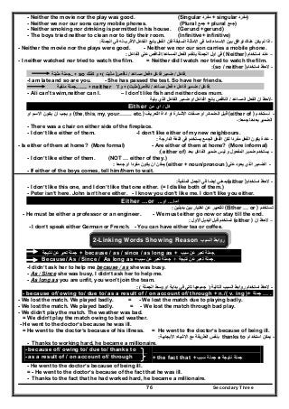 Secondary Three76
- Neither the movie nor the play was good. (Singular ‫مفرد‬ + singular ‫)مفرد‬
- Neither we nor our sons carry mobile phones. (Plural ‫جمع‬ + plural ‫)جمع‬
- Neither smoking nor drinking is permitted in his house. (Gerund +gerund)
- The boys tried neither to clean nor to tidy their room. (Infinitive+ infinitive)
‫ل‬ ‫االقرب‬ ‫الفاعل‬ ‫يتبع‬ ‫الفعل‬ ‫فان‬ ‫السابقة‬ ‫االمثلة‬ ‫في‬ ‫كما‬ ‫االسماء‬ ‫بين‬ ‫توافق‬ ‫ھناك‬ ‫يكن‬ ‫لم‬ ‫اذا‬‫الجملة‬ ‫في‬ ‫ه‬: -
- Neither the movie nor the plays were good. - Neither we nor our son carries a mobile phone.
‫المساعد‬ ‫الفعل‬ ‫يتقدم‬ ‫الجملة‬ ‫اول‬ ‫في‬/‫الفاعل‬ ‫علي‬ ‫الناقص‬: ( Neither) –‫استخدام‬ ‫عند‬
- I neither watched nor tried to watch the film. = Neither did I watch nor tried to watch the film.
:(so / neither ) -‫استخدام‬ ‫الحظ‬
‫مثبتة‬ ‫…جملة‬ + so ‫كذلك‬ ‫و‬ + ‫مثبت‬( ) ‫مساعد‬ ‫فعل‬/‫ناقص‬ + ‫فاعل‬/‫فاعل‬ ‫ضمير‬ .
-I am late and so are you. - She has passed the test. So have her friends.
‫منفية‬ ‫..………جملة‬ + neither ‫ال‬ ‫و‬ + ‫مثبت‬( ) ‫فع‬‫ل‬‫مساعد‬/‫ناقص‬ + ‫فاعل‬/‫فاعل‬ ‫ضمير‬ .
- Ali can't swim,neither can I. – I don't like fish and neither does mum.
‫المساعد‬ ‫الفعل‬ ‫ان‬ ‫الحظ‬/‫يلية‬ ‫الذي‬ ‫الفاعل‬ ‫ضمير‬ ‫او‬ ‫الفاعل‬ ‫يتبع‬ ‫الناقص‬ -
Either ‫كل‬/‫اي‬‫من‬
-‫ستخدم‬‫ن‬(either of )‫ف‬‫التعري‬ ‫اداة‬ ‫او‬ ‫ارة‬‫االش‬ ‫فات‬‫ص‬ ‫او‬ ‫ضمائر‬‫ال‬ ‫ل‬‫قب‬(the, this, my, your……. etc.)‫او‬ ‫م‬‫االس‬ ‫ون‬‫يك‬ ‫ان‬ ‫ب‬‫يج‬ ‫و‬
‫جمعا‬ ‫بعدھا‬ ‫الضمير‬:-
- There was a chair on either side of the fireplace.
- I don’t like either of them. -I don’t like either of my new neighbours.
-‫الدارجة‬ ‫اللغة‬ ‫في‬ ‫يستخدم‬ ‫الجمع‬ ‫الفعل‬ ‫لكن‬ ‫مفردا‬ ‫الفعل‬ ‫يكون‬ ‫عادة‬:
- Is either of them at home? (More formal) - Are either of them at home? (More informal)
:( either of) -‫بعد‬ ‫الفاعل‬ ‫ضمير‬ ‫ليس‬ ‫و‬ ‫المفعول‬ ‫ضمير‬ ‫يستخدم‬
- I don’t like either of them. (NOT … either of they.)
‫جمعا‬ ‫او‬ ‫مفردا‬ ‫يكون‬ ‫ان‬ ‫يمكن‬: (either + noun/pronoun ) -‫علي‬ ‫يعود‬ ‫الذي‬ ‫الضمير‬
- If either of the boys comes, tell him/them to wait.
‫المنفية‬ ‫الجمل‬ ‫في‬ ‫ايضا‬ ‫بمعني‬: (either ) -‫استخدام‬ ‫الحظ‬
- I don’t like this one, and I don’t like that one either. (= I dislike both of them.)
- Peter isn’t here. John isn’t here either. - I know you don’t like me. I don’t like you either.
Either …or ‫اما‬....‫او‬...
‫بديلين‬ ‫بين‬ ‫اختيار‬ ‫عن‬ ‫للتعبير‬: (Either … or ) –‫تستخدم‬
- He must be either a professor or an engineer. - We must either go now or stay till the end.
‫االول‬ ‫البديل‬ ‫قبل‬ ‫تستخدم‬: (either ) –‫ان‬ ‫الحظ‬
- I don’t speak either German or French. - You can have either tea or coffee.
2-Linking Words Showing Reason ‫السبب‬ ‫روابط‬
‫نتيجة‬ ‫عن‬ ‫تعبر‬ ‫جملة‬ + because / as / since / as long as + ‫سبب‬ ‫عن‬ ‫تعبر‬ ‫.جملة‬
Because/ As / Since / As long as + +‫سبب‬ ‫عن‬ ‫تعبر‬ ‫جملة‬ ‫نتيجة‬ ‫عن‬ ‫تعبر‬ ‫جملة‬ .
-I didn’t ask her to help me because / as she was busy.
- As / Since she was busy, I didn’t ask her to help me.
- As long as you are unfit, you won't join the team.
-‫التالية‬ ‫السبب‬ ‫روابط‬ ‫استخدام‬ ‫الحظ‬)‫الجملة‬ ‫وسط‬ ‫او‬ ‫بداية‬ ‫في‬ ‫تاتي‬ ‫جميعھا‬: (
- because of/ owing to/ due to/ as a result of / on account of/ through + n./( v. ing )+ ‫جملة‬ … .
- We lost the match. We played badly. = - We lost the match due to playing badly.
- We lost the match. We played badly. = - We lost the match through bad play.
- We didn’t play the match. The weather was bad.
= We didn’t play the match owing to bad weather.
- He went to the doctor’s because he was ill.
= He went to the doctor’s because of his illness. = He went to the doctor’s because of being ill.
-‫يمكن‬‫استخدام‬thanks to‫الط‬ ‫بنفس‬‫األيجابية‬ ‫االشياء‬ ‫مع‬ ‫ريقة‬:
- Thanks to working hard, he became a millionaire.
- because of/ owing to/ due to/ thanks to
- as a result of / on account of/ through + the fact that + +‫سبب‬ ‫جملة‬ ‫نتيجة‬ ‫جملة‬
- He went to the doctor’s because of being ill.
= - He went to the doctor’s because of the fact that he was ill.
- Thanks to the fact that he had worked hard, he became a millionaire.
 