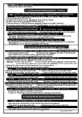 Secondary Three77
Being +( adj.) ‫ص‬‫ـ‬‫فــــ‬‫ة‬ + ‫جملة‬ …………………..…… .
- Being ill, He went to the doctor’s.
3 - Linking Words Showing Result ‫النتيجة‬ ‫روابط‬
‫جملة‬‫سبب‬ + So / thus / Hence/ Therefore / Consequently / As a consequence/
That is why / as a result / For this reason / Because of that + ‫جملة‬‫نتيجة‬ …
- It was raining, so we didn't go out.
- He didn't have enough money, therefore he didn't buy the mobile.
- He didn't arrive early, as a result he missed the bus.
- Professor Brown is a famous scientist. Because of that, he is highly respected.
- He has been studying hard for a long time. Consequently, he has made considerable progress.
- because of/ owing to/ due to/ thanks to
- as a result of / on account of/ through that + +‫نتيجة‬ ‫جملة‬ ‫سبب‬ ‫جملة‬
- We lost the match due to playing badly. = We played badly. Due to that, we lost the match.
The cause / The reason(why) + ‫نتيجة‬ ‫+جملة‬ be + that + ‫سبب‬ ‫جملة‬ …
-The cause / The reason he didn't buy the mobile was that he didn't have enough money.
- The cause / The reason we didn't go out was that it was raining.
The cause of / The reason for + n. / v.ing… + be + that + ‫سبب‬ ‫جملة‬ ….
- The reason for his considerable progress is that he has been studying hard for a long time.
- The cause of ( us )not going out was that it was raining.
4– Linking Words Showing Contrast ‫التناقض‬ ‫روابط‬
-‫جملة‬ ‫بعدھا‬ ‫ياتي‬ ‫التالية‬ ‫الروابط‬ ‫ان‬ ‫الحظ‬:
but -yet -however-nevertheless - in/by contrast -on the contrary- instead - even so- on the other hand
-I like fish but I hate its smell. - Ibraheem is lazy. However, his sister is hard working.
- She studied hard for several months. Yet, she didn’t come first.
-I like sugar in my coffee. In contrast Marwa likes black coffee.
Although - though –even though - even if –while - whereas - whatever+ ‫جملة‬ …. .
- Ahmed never helps the poor whereas his parents are very kind.
- Although I like fish, I hate its smell. - He won't answer the question even if it is extremely easy.
--‫استخدام‬ ‫يمكن‬‫استخدام‬ ‫يمكن‬‫بعد‬ ‫الثالث‬ ‫التصريف‬‫بعد‬ ‫الثالث‬ ‫التصريف‬although‫الم‬ ‫في‬ ‫أصال‬ ‫الجملة‬ ‫كانت‬ ‫إذا‬‫الم‬ ‫في‬ ‫أصال‬ ‫الجملة‬ ‫كانت‬ ‫إذا‬‫للمجھول‬ ‫بني‬‫للمجھول‬ ‫بني‬‫المساعد‬ ‫الفعل‬ ‫حذف‬ ‫مع‬‫المساعد‬ ‫الفعل‬ ‫حذف‬ ‫مع‬::
- Although the school was built two years ago, it is in bad condition.
- Although built two years ago, the school is in bad condition.
However + ( ‫فـعــل‬+‫فـاعــل‬+‫أو‬ ‫صفــة‬)‫ظــرف‬
-Although he was strong, he couldn’t work. = However strong he was, he couldn’t work.
-Although she wrote badly, she got high marks. = However badly she wrote, she got high marks.
Whatever + ‫ف‬‫ـ‬‫عـ‬‫ـ‬‫ل‬+‫ف‬‫ـ‬‫اعـ‬‫ـ‬‫ل‬+‫إسـ‬‫ـ‬‫م‬
- However strong he was, he couldn’t work. = Whatever strength he had, he couldn't work.
‫صفة‬ + as / though + ‫ف‬‫ـا‬‫عـ‬‫ــ‬‫ل‬ + ‫ف‬‫ـ‬‫عـ‬‫ــ‬‫ل‬
-However strong he was, he couldn’t work. = Strong as / though he was he couldn't work.
Despite / In spite of/ Contrary to/ Regardless of/ unlike / instead of / In contrast to + V.ing / noun ‫إســم‬
-Although he is strong, he can't work. = Despite his strength (being strong), he couldn’t work.
= Regardless of his strength ( being strong ), he couldn’t work.
Despite / In spite of / Regardless of + the fact that ‫او‬ that ‫كـاملـة‬ ‫جمـلـة‬+ .
-Despite the fact that he is strong, he can’t work.
= In spite of / Regardless of the fact that (that) he is strong, he can’t work.
5- Linking Words Showing Purpose‫الغرض‬ ‫روابط‬
To -so as to - in order to ‫لكي‬ +inf. ‫…………المصـــدر‬ .
- We came to the countryside in order to find some peace and quietness.
- I'll go home so as to take some rest. - Fishermen go to the sea to catch fish.
in order not to/ so as not to
-Be careful when using a knife in order not to be injured.
 