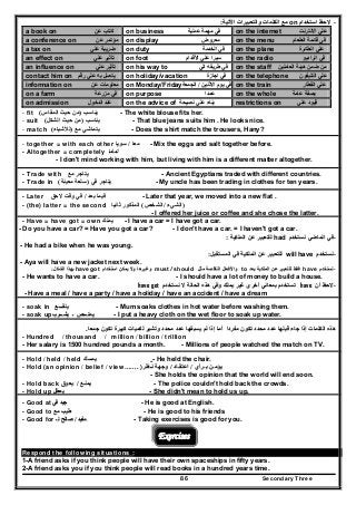 Secondary Three86
--‫استخدام‬ ‫الحظ‬‫استخدام‬ ‫الحظ‬on‫الكلم‬ ‫مع‬‫الكلم‬ ‫مع‬‫اآلتية‬ ‫والتعبيرات‬ ‫ات‬‫اآلتية‬ ‫والتعبيرات‬ ‫ات‬::
a book on ‫عن‬ ‫كتاب‬ on business ‫عملية‬ ‫مھمة‬ ‫في‬ on the internet ‫االنترنت‬ ‫علي‬
a conference on ‫عن‬ ‫مؤتمر‬ on display ‫معروض‬ on the menu ‫الطعام‬ ‫قائمة‬ ‫فى‬
a tax on ‫علي‬ ‫ضريبة‬ on duty ‫الخدمة‬ ‫في‬ on the plane ‫الطائرة‬ ‫علي‬
an effect on ‫علي‬ ‫تأثير‬ on foot ‫األقدام‬ ‫علي‬ ‫سيرا‬ on the radio ‫الراديو‬ ‫في‬
an influence on ‫علي‬ ‫تأثير‬ on his way to ‫الي‬ ‫طريقه‬ ‫في‬ on the staff ‫العاملين‬ ‫ھيئة‬ ‫ضمن‬ ‫من‬
contact him on ‫رقم‬ ‫علي‬ ‫به‬ ‫يتصل‬ on holiday/vacation ‫اجازة‬ ‫في‬ on the telephone ‫التليفون‬ ‫علي‬
information on ‫مع‬‫عن‬ ‫لومات‬ on Monday/Friday ‫االثنين‬ ‫يوم‬ ‫في‬/‫الجمعة‬ on the train ‫القطار‬ ‫علي‬
on a farm ‫مزرعة‬ ‫في‬ on purpose ‫عمدا‬ on the whole ‫عامة‬ ‫بصفة‬
on admission ‫الدخول‬ ‫عند‬ on the advice of ‫نصيحة‬ ‫علي‬ ‫بناء‬ restrictions on ‫علي‬ ‫قيود‬
- fit ‫يناسب‬)‫المقاس‬ ‫حيث‬ ‫من‬( - The white blouse fits her.
- suit ‫يناسب‬)‫الشكل‬ ‫حيث‬ ‫من‬( - That blue jeans suits him . He looks nice.
- match ‫مع‬ ‫يتماشي‬)‫لألشياء‬( - Does the shirt match the trousers, Hany?
- together = with each other ‫معا‬/‫سويا‬ - Mix the eggs and salt together before.
- Altogether = completely ‫تماما‬
- I don't mind working with him, but living with him is a different matter altogether.
- Trade with ‫مع‬ ‫يتاجر‬ - Ancient Egyptians traded with different countries.
- Trade in ‫في‬ ‫يتاجر‬)‫معينة‬ ‫سلعة‬( - My uncle has been trading in clothes for ten years.
- Later ‫بعد‬ ‫فيما‬/‫الحق‬ ‫وقت‬ ‫في‬ - Later that year, we moved into a new flat .
- (the) latter = the second )‫الشيء‬/‫الشخص‬(‫ثانيا‬ ‫المذكور‬
- I offered her juice or coffee and she chose the latter.
- Have = have got = own ‫يملك‬ - I have a car = I have got a car.
- Do you have a car? = Have you got a car? - I don't have a car. = I haven't got a car.
--‫نستخدم‬ ‫الماضي‬ ‫في‬‫نستخدم‬ ‫الماضي‬ ‫في‬had‫الملكية‬ ‫عن‬ ‫للتعبير‬‫الملكية‬ ‫عن‬ ‫للتعبير‬::
- He had a bike when he was young.
--‫نستخدم‬‫نستخدم‬will have‫للتعب‬‫للتعب‬‫في‬ ‫الملكية‬ ‫عن‬ ‫ير‬‫في‬ ‫الملكية‬ ‫عن‬ ‫ير‬‫المستقبل‬‫المستقبل‬::
- Aya will have a new jacket next week.
--‫تستخد‬‫تستخد‬‫م‬‫م‬have‫بعد‬ ‫الملكية‬ ‫عن‬ ‫للتعبير‬ ‫فقط‬‫بعد‬ ‫الملكية‬ ‫عن‬ ‫للتعبير‬ ‫فقط‬to‫مثل‬ ‫الناقصة‬ ‫واألفعال‬‫مثل‬ ‫الناقصة‬ ‫واألفعال‬must // should‫وغيرھا‬‫وغيرھا‬‫استخدام‬ ‫يمكن‬ ‫وال‬‫استخدام‬ ‫يمكن‬ ‫وال‬have got‫الشك‬ ‫بھذا‬‫الشك‬ ‫بھذا‬‫ل‬‫ل‬::
- He wants to have a car. - I should have a lot of money to build a house.
--‫أن‬ ‫الحظ‬‫أن‬ ‫الحظ‬hhaavvee‫نستخدم‬ ‫ال‬ ‫الحالة‬ ‫ھذه‬ ‫وفي‬ ‫يملك‬ ‫غير‬ ‫أخري‬ ‫بمعاني‬ ‫تستخدم‬‫نستخدم‬ ‫ال‬ ‫الحالة‬ ‫ھذه‬ ‫وفي‬ ‫يملك‬ ‫غير‬ ‫أخري‬ ‫بمعاني‬ ‫تستخدم‬hhaavvee ggoott
- Have a meal / have a party / have a holiday / have an accident / have a dream
- soak in ‫ينقــــع‬‫ينقــــع‬ - Mum soaks clothes in hot water before washing them.
- soak up‫يشـــرب‬ ‫ـ‬ ‫يمتـــص‬‫يشـــرب‬ ‫ـ‬ ‫يمتـــص‬ - I put a heavy cloth on the wet floor to soak up water.
‫مفردا‬ ‫تكون‬ ‫محدد‬ ‫عدد‬ ‫قبلھا‬ ‫جاء‬ ‫إذا‬ ‫الكلمات‬ ‫ھذه‬‫مفردا‬ ‫تكون‬ ‫محدد‬ ‫عدد‬ ‫قبلھا‬ ‫جاء‬ ‫إذا‬ ‫الكلمات‬ ‫ھذه‬‫كبير‬ ‫لكميات‬ ‫وتشير‬ ‫محدد‬ ‫عدد‬ ‫يسبقھا‬ ‫لم‬ ‫إذا‬ ‫أما‬‫كبير‬ ‫لكميات‬ ‫وتشير‬ ‫محدد‬ ‫عدد‬ ‫يسبقھا‬ ‫لم‬ ‫إذا‬ ‫أما‬‫جمعا‬ ‫تكون‬ ‫ة‬‫جمعا‬ ‫تكون‬ ‫ة‬..
- Hundred / thousand / million / billion / trillion
- Her salary is 1500 hundred pounds a month. - Millions of people watched the match on TV.
- Hold / held / held ‫يمسك‬‫يمسك‬ - He held the chair.
- Hold (an opinion / belief / view……. ) ‫يؤم‬‫يؤم‬‫ـ‬‫ـ‬‫ب‬ ‫ن‬‫ب‬ ‫ن‬‫ـ‬‫ـ‬‫رأي‬‫رأي‬//‫اعتق‬‫اعتق‬‫ـ‬‫ـ‬‫اد‬‫اد‬//‫وجھة‬‫وجھة‬‫نـظر‬‫نـظر‬
- She holds the opinion that the world will end soon.
- Hold back ‫يمن‬‫يمن‬‫ـ‬‫ـ‬‫ع‬‫ع‬//‫يع‬‫يع‬‫ـ‬‫ـ‬‫وق‬‫وق‬ - The police couldn't hold back the crowds.
- Hold up ‫يعطل‬‫يعطل‬ - She didn't mean to hold us up.
- Good at ‫جيد‬‫جيد‬‫في‬‫في‬ - He is good at English.
- Good to ‫طيب‬‫طيب‬‫مع‬‫مع‬ - He is good to his friends
- Good for ‫مفيد‬‫مفيد‬//‫لـ‬ ‫صالح‬‫لـ‬ ‫صالح‬ - Taking exercises is good for you.
Exercises
Respond the following situations :
1-A friend asks if you think people will have their own spaceships in fifty years.
2-A friend asks you if you think people will read books in a hundred years time.
 