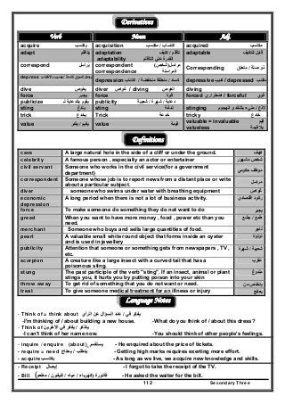 Secondary Three112
Derivatives
Verb Noun Adj.
acquire ‫يكتسب‬ acquisition ‫اكتساب‬/‫مكتسب‬ acquired ‫مكتسب‬
adapt ‫يتأقلم‬ adaptation ‫تأقلم‬/‫تكيف‬
adaptability ‫التأقلم‬ ‫علي‬ ‫القدرة‬
adaptable ‫للتكيف‬ ‫قابل‬
correspond ‫يراسل‬ُ correspondent ‫مراسل‬)‫شخص‬(
correspondence ‫المراسلة‬
Corresponding ‫صلة‬ ‫ذو‬/‫متعلق‬
depress ‫كاسدة‬ ‫السوق‬ ‫يجعل‬/‫باالكتئاب‬ ‫يصيب‬
depression ‫كساد‬/‫منخفضة‬ ‫منطقة‬/‫اكت‬‫ئاب‬ depressive ‫كئيب‬ / depressed ‫م‬‫كتئب‬
dive ‫يغوص‬ diver ‫غواص‬ / diving ‫الغوص‬ diving
force ‫يجبر‬ force ‫قوة‬ forced ‫اضطراري‬ / forceful ‫قوي‬
publicize ‫لـ‬ ‫بالدعاية‬ ‫يقوم‬ publicity ‫دعاية‬/‫شھرة‬/‫شعبية‬
sting ‫يلدغ‬ sting ‫لدغة‬ stinging ‫الذع‬/‫الھجوم‬ ‫و‬ ‫بالنقد‬ ‫مليء‬
trick ‫يخدع‬ Trick ‫خدعة‬ tricky ‫خادع‬
value ‫يقيم‬/‫ي‬‫قدر‬ value ‫قيمة‬
valuable = invaluable ‫قيم‬
valueless ‫قيمة‬ ‫بال‬
Definitions
cave A large natural hole in the side of a cliff or under the ground. ‫كھف‬
celebrity A famous person , especially an actor or entertainer ‫مشھور‬ ‫شخص‬
civil servant Someone who works in the civil service(for a government
department)
‫حكومي‬ ‫موظف‬
correspondent Someone whose job is to report news from a distant place or write
about a particular subject.
‫مراسل‬
diver someone who swims under water with breathing equipment ‫غواص‬
economic
depression
A long period when there is not a lot of business activity. ‫اقتصادي‬ ‫ركود‬
force To make someone do something they do not want to do ‫يجبر‬
greed When you want to have more money , food , power etc than you
need.
‫طمع‬/‫جشع‬
merchant Someone who buys and sells large quantities of food. ‫تاجر‬
pearl A valuable small white round object that forms inside an oyster
and is used in jewellery
‫ل‬‫ؤلؤة‬
publicity Attention that someone or something gets from newspapers , TV ,
etc.
‫شعبية‬/‫شھرة‬
scorpion A creature like a large insect with a curved tail that has a
poisonous sting.
‫عقرب‬
stung The past participle of the verb "sting". If an insect, animal or plant
stings you, it hurts you by putting poison into your skin
‫ملدوغ‬
throw away To get rid of something that you do not want or need. ‫من‬ ‫يتخلص‬
treat To give someone medical treatment for an illness or injury ‫يعالج‬
Language Notes
- Think of = think about ‫في‬ ‫يفكر‬‫في‬ ‫يفكر‬//‫الرأي‬ ‫عن‬ ‫السؤال‬ ‫عند‬‫الرأي‬ ‫عن‬ ‫السؤال‬ ‫عند‬
-I'm thinking of / about building a new house. -What do you think of / about this dress?
- Think of ‫يتذكر‬‫يتذكر‬//‫اآلخرين‬ ‫في‬ ‫يفكر‬‫اآلخرين‬ ‫في‬ ‫يفكر‬
-I can't think of her name now. -You should think of other people's feelings.
- inquire / enquire (about) ‫يستفسر‬‫يستفسر‬ - He enquired about the price of tickets.
- require = need ‫يتطلب‬‫يتطلب‬//‫يحتاج‬‫يحتاج‬ - Getting high marks requires exerting more effort.
- acquire‫يكتسـب‬‫يكتسـب‬ - As long as we live, we acquire new knowledge and skills.
- Receipt ‫إيصال‬‫إيصال‬ - I forgot to take the receipt of the TV.
- Bill ‫فاتورة‬‫فاتورة‬))‫كھرباء‬‫كھرباء‬//‫مياه‬‫مياه‬//‫تليفون‬‫تليفون‬//‫مطعم‬‫مطعم‬(( - He asked the waiter for the bill.
 