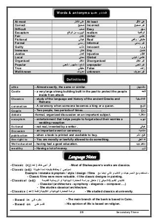 Secondary Three26
Words & antonyms ‫عكسھا‬ ‫و‬ ‫كلمات‬
At most ‫علي‬‫األكثر‬ At least ‫األقل‬ ‫علي‬
Correct ‫صحيح‬ Incorrect ‫صحيح‬ ‫غير‬
Difficult ‫صعب‬ Easy ‫سھل‬
Escapism ‫الواقع‬ ‫من‬ ‫الھروب‬ realism ‫الواقعية‬
Fair ‫عادل‬ Unfair ‫عالمي‬
Fictional ‫خيالي‬ Real ‫حقيقي‬/‫واقعي‬
Formal ‫رسمي‬ Informal ‫رسمي‬ ‫غير‬
Guilty ‫مذنب‬ُ Innocent ‫بريء‬
Immense ‫ھائل‬ tiny ‫ضئيل‬
Justice ‫العدل‬ Injustice ‫الظلم‬
Local ‫محلي‬ Global ‫عالمي‬/‫كوني‬
Organised ‫منظم‬ Disorganised ‫منظم‬ ‫غير‬
Popular ‫شائع‬/‫مشھور‬/‫شعبي‬ unpopular ‫شعبي‬ ‫غير‬
True ‫حقيقي‬ False ‫زائف‬
Well-known ‫معروف‬ unknown ‫معروف‬ ‫غير‬
Definitions
alike - Almost exactly, the same or similar. ‫متشابھان‬
Castle - a very large strong building built in the past to protect the people
inside from attack
‫قلعه‬
Classics - study of the language and history of the ancient Greeks and
Romans
‫الكالسيكية‬
coronation - A ceremony when someone becomes a king or a queen. ‫تتويج‬
Couple - Two people, two periods of times……………….. ‫زوج‬
debate -formal, organized discussion on an important subject. ‫مناظرة‬
escapism - entertainment that helps people to forget about their worries a
wedding reception
‫تھرب‬
fictional - not real, invented by a writer . ‫خيالى‬
Occasion - an important event or ceremony ‫مناسبه‬
publication - when a book is printed and available to buy. ‫نشر‬ ،‫طبع‬
the right to - You are morally or lawfully allowed to do something. ‫الحق‬ ‫له‬
Well-educated - having had a good education. ‫جيد‬ ‫متعلم‬
wealthy - Having a lot of money. ‫ثرى‬
Language Notes
- Classic (n) ‫أثر‬‫أدبي‬‫خالد‬)‫تعد‬( - Most of Shakespeare’s works are classics.
- Classic (adj) ‫نموذجي‬/‫طويلة‬ ‫لمدة‬ ‫بقيمته‬ ‫يحتفظ‬
Example / mistake /symptom / style / design / films -‫تأتي‬ ‫و‬ ‫الكتب‬ ‫و‬ ‫المسرحيات‬ ‫مع‬ ‫تستخدم‬‫ايضا‬‫مع‬
- Classic films were more valuable. -I like classic designs in painting.
- Classical (adj) ‫القديمة‬ ‫تقليدي‬/‫قديم‬)‫كالسيكي‬/ (‫بدراسة‬ ‫متعلق‬‫الحضارة‬‫اليونانية‬‫أو‬‫ال‬‫روما‬‫نية‬
- Classical (architecture - symphony - elegance – composer…..)
- She studies classical architecture.
- Classics ‫دراسة‬‫الحضارة‬‫و‬ ‫اليونانية‬‫الالتينية‬)‫تعد‬ ‫ال‬ ‫كلمة‬( - We studied classics at university.
- Based in ‫مقـره‬‫فـى‬ - The main branch of the bank is based in Cairo.
- Based on ‫قائـم‬‫علـى‬ - His opinion of life is based on religion.
 