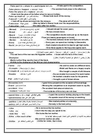 Secondary Three28
-Take part in = share in = participate in‫يشـارك‬ -I’ll take part in the competition.
-Take place = happen = occur ‫يحـدث‬ - The accident took place in the afternoon.
-Take the place of = replace ‫يحـل‬‫محـل‬
- Omer took the place of his father when he was on holiday.
-Take up much of ‫يستن‬‫ـ‬‫زف‬‫كثي‬‫ـ‬‫ر‬‫م‬‫ـ‬‫ن‬ - Illness took much of his money.
-Take off ‫يخلـع‬‫مالبس‬/‫تقلـع‬‫الطائرة‬
- I took off my shoes and went into the mosque. -The plane will off at six.
-Take over ‫يتـولى‬‫مھمـة‬ - After my father's illness I took over his responsibilities.
-Take after ‫يشبـه‬ - She takes after her mother.
- Abroad ‫الخارج‬)‫ما‬ ‫بلد‬ ‫حدود‬ ‫خارج‬( - I stayed abroad for seven years.
- Broad ‫ـ‬ ‫فسيح‬‫ـ‬ ‫عريض‬‫عام‬ - He has a broad vision.
- Board ‫لوحة‬)‫إعالنات‬(‫سبورة‬ ‫ـ‬ - The competition results were put up on the board.
-There are twenty passengers on board.‫علي‬‫متن‬)‫سفينة‬-‫طائرة‬(- On board
- Border ‫دولتين‬ ‫بين‬ ‫حد‬/‫يحد‬ - The borders between Israel and Syria are not safe.
- Every ‫كل‬)‫اسم‬ ‫بعدھا‬ ‫يأتي‬ ‫صفة‬( - Every year, we spend our holiday in Alexandria.
- Each( ‫كل‬)‫محل‬ ‫تحل‬ ‫أو‬ ‫اسم‬ ‫بعدھا‬ ‫يأتي‬ ‫صفة‬ - Each student should do his best to get high marks.
- Give these apples to the boys,two apples each.
Hero ‫بطل‬)‫إلنجازاته‬ ‫محبوب‬ ‫شخص‬ ‫ـ‬ ‫مسرحية‬ ‫ـ‬ ‫فيلم‬ ‫في‬ ‫ـ‬ ‫تاريخي‬ ‫ـ‬ ‫بارز‬ ‫محارب‬(
-The real hero of the war was the Egyptian soldier. -I loved with the hero of the novel.
Champion ‫بطل‬)‫رياضي‬/‫قضية‬ ‫أو‬ ‫شخصية‬ ‫عن‬ ‫المدافع‬/‫مقاتل‬(
-Martin Luther King was the hero of the black.
-Al-Ahly is the champion of the African club championship.
-Twins ‫توأم‬ - He and his sister are different twins.
- A couple ‫زوجان‬)‫وزوجته‬ ‫زوج‬( -Walid and Rania are a happy couple.
-A couple of ‫زوج‬/ ‫واحد‬ ‫نوع‬ ‫من‬ ‫اثنان‬)‫الشئ‬ ‫نفس‬ ‫من‬‫فصلھما‬ ‫يمكن‬( - She bought a couple of silk blouses.
- Double ‫ثنائي‬/‫يضاعف‬ - He can double his income if he work harder
- He booked a double room for his parents.
-Pair ‫من‬ ‫زوج‬‫شيء‬‫ينفصل‬ ‫ال‬ - I bought a pair of brown shoes.
- Occasion ‫مناسبة‬ - I gave him a present on the occasion of his marriage.
- Event ‫ح‬‫ـ‬‫ھ‬ ‫دث‬‫ــ‬‫ممي‬ ‫ام‬‫ـ‬‫ز‬ - Winning the competition is an important event in my life.
- accident ‫ح‬‫ـ‬‫ـادث‬ - The accident took place at about six.
- incident ‫داخ‬ ‫حـدث‬‫ــ‬‫قص‬ ‫ل‬‫ـ‬‫ة‬ - The incidents of this story are not clear.
- spend time + (v + ing)) ‫في‬ ‫الوقت‬ ‫يقضي‬‫في‬ ‫الوقت‬ ‫يقضي‬ - I spent the summer holiday playing on the beach.
- spend money on ‫على‬ ‫المال‬ ‫ينفق‬ - He spends most of his money on smoking.
- politics ‫السياسة‬)‫الحكم‬ ‫ونظام‬ ‫بالدولة‬ ‫الخاصة‬( - She studied politics at university .
- policy ‫العمل‬ ‫أو‬ ‫الفرد‬ ‫عليھا‬ ‫يسير‬ ‫قاعدة‬ ‫أو‬ ‫مبدأ‬ - Honesty is the best policy.
- Like
‫ث‬
- He is nervous like his mother.
- Like ‫يحب‬ - I don’t like the way you speak to me.
- look like ‫يشبه‬ - She looks like her mother.
- Alike = like each other ‫تستخدم‬‫ويسبقھا‬ ‫عنھم‬ ‫نتحدث‬ ‫الذين‬ ‫األشخاص‬ ‫أو‬ ‫األشياء‬ ‫بعد‬(v. to be)
-She and her mother are alike.
- Unlike ‫عن‬ ‫مختلف‬/ ‫س‬‫العك‬ ‫علي‬ - Unlike her sister, Aya is lazy.
 