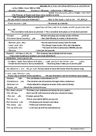 Secondary Three29
-‫عند‬‫إضافة‬‫حرف‬s‫إلي‬‫عقد‬ ‫أي‬ ‫سنوات‬ ‫عشر‬ ‫فترة‬ ‫بھا‬ ‫نقصد‬ ‫السنة‬decade:
- In the 1960s = from 1960 to 1969.
- decade = 10 years -Century = 100 years - millennium = 1000 years
--‫استخدام‬ ‫الحظ‬take‫بعدھا‬ ‫ويأتي‬ ‫يستغرق‬ ‫بمعني‬ ‫للزمن‬to+inf.
-The Prisoner of Zenda took Hope a few months to write.
- How long does it take to do this job?
-Do you mind if I use your dictionary? -Not in the least = not at all ‫كال‬‫/كال‬/ ‫االطالق‬ ‫علي‬‫االطالق‬ ‫علي‬
-Train as a/an + job: - He trained as a teacher.
--‫بعد‬ ‫الثالث‬ ‫التصريف‬ ‫استخدام‬ ‫الحظ‬‫بعد‬ ‫الثالث‬ ‫التصريف‬ ‫استخدام‬ ‫الحظ‬aass‫للمجھول‬ ‫مبنية‬ ‫كانت‬ ‫لجملة‬ ‫اختصار‬ ‫ھنا‬ ‫وھو‬ ‫أحيانا‬‫للمجھول‬ ‫مبنية‬ ‫كانت‬ ‫لجملة‬ ‫اختصار‬ ‫ھنا‬ ‫وھو‬ ‫أحيانا‬
-As + PP.
- The coronation took place as planned. = The coronation took place as it has been planned.
- Fiction ‫خيال‬‫خيال‬‫قصصى‬‫قصصى‬ - Novels and plays are usually works of fiction.
- Fictional (hero/country) ‫خيالى‬‫خيالى‬ - Abu Zeid Elhelaly is mostly a fictional hero .
- He borrowed some money from the bank.‫يستلف‬‫يستلف‬//‫يستعير‬‫يستعير‬- Borrow
- This library loans books, CDs and videotapes.‫يسلف‬‫يسلف‬//‫يقرض‬‫يقرض‬- Loan
- The bank lent the businessman 500000 pounds.‫يسلف‬‫يسلف‬//‫يقرض‬‫يقرض‬- Lend
- I owe you ten pounds.‫يدين‬‫يدين‬- Owe
-The company has published all his books.‫ينشر‬‫ينشر‬))‫كتاب‬‫كتاب‬‫أو‬‫أو‬‫صحيفة‬‫صحيفة‬‫مثال‬‫مثال‬((-Publish
- If you want to sell your product, you must advertise it.
‫عن‬ ‫يعلن‬‫عن‬ ‫يعلن‬))‫خدمات‬ ‫أو‬ ‫سلع‬‫خدمات‬ ‫أو‬ ‫سلع‬((-Advertise
‫يستغرق‬‫يستغرق‬‫مصدر‬‫مصدر‬++ ttoo ++‫زمنية‬ ‫مدة‬‫زمنية‬ ‫مدة‬++‫مفعول‬ ‫ضمير‬ ‫أو‬ ‫اسم‬‫مفعول‬ ‫ضمير‬ ‫أو‬ ‫اسم‬- It takes / took /has taken/ will take…. +
- It took me two hours to do my homework. - How long does it take you to do this job?
-He was about to leave the house when the phone rang.‫تقريبا‬ً‫تقريبا‬ً//‫وشك‬ ‫على‬‫وشك‬ ‫على‬‫مصدر‬‫مصدر‬- be about to +
It + be+ ‫صفة‬‫صفة‬ +to + ‫مصدر‬‫مصدر‬
-It was easy to answer all the questions. - He was shocked to see the homeless poor people.
- Debate ‫مناظرة‬‫مناظرة‬ -The candidates made debates on TV.
- Conference ‫مؤتمر‬‫مؤتمر‬ -The minister met all teachers through video conference.
- Seminar ‫ندوة‬‫ندوة‬ - Huda attended a religious seminar at the school library.
- Forum ‫منتدى‬‫منتدى‬ - We all like cultural forums.
-Put down ‫يضع‬‫يضع‬‫جانبا‬‫جانبا‬ - Put down your problems and study for your exams.
- Put off ‫يؤجل‬‫يؤجل‬ - Don’t put off until tomorrow what you should do today.
- Put out ‫يطفئ‬‫يطفئ‬ -Firemen putout Fire.
-Put on ‫يرتدى‬‫يرتدى‬ - Put on your jacket before you go out.
-Put forward ‫يقترح‬‫يقترح‬ - Ali always puts forward new ideas.
- Put away ‫يسجن‬‫يسجن‬ - Police put criminals away.
- Put up with ‫يتحمل‬‫يتحمل‬ - I can’t put up with his bad behaviour.
 