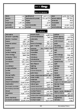 Secondary Three45
Unit 3- Energy
Main Vocabulary
atom ‫الذرة‬ geothermal ‫أرضى‬ ‫حرارى‬ pipe ‫أنبوبة‬/‫باألنابيب‬ ‫ينقل‬
atomic ‫ذرى‬ hydroelectric power ‫كھرومائية‬ ‫طاقة‬ power station ‫طاقة‬ ‫محطة‬
coal ‫الفحم‬ liquid ‫سائل‬ pressure ‫ضغط‬
fossil fuels ‫حفري‬ ‫وقود‬ molten ‫منصھر‬ renewable ‫متجدد‬
generate ‫يولد‬ non-renewable ‫غي‬‫متجدد‬ ‫ر‬ waste ‫نفايات‬/‫فضالت‬
generation ‫توليد‬/‫جيل‬ nuclear ‫نووى‬ wind turbines ‫بقوة‬ ‫يعمل‬ ‫محرك‬
‫ا‬ ‫ال‬
Vocabulary
alternative ‫ﺑد‬‫ﻳ‬‫ﻝ‬ electric bulb ‫ﻛﻬرﺑﻲ‬ ‫ﻣﺻﺑﺎح‬ pollute ‫ﻳﻠوث‬
amount = quantity ‫ﻛﻣﻳﺔ‬ environmentalists ‫اﻟﺑﻳﺋﺔ‬ ‫اء‬‫ر‬‫ﺧﺑ‬ press agency ‫وﻛﺎﻟ‬‫أﻧﺑﺎء‬ ‫ﺔ‬
atomic = nuclear ‫ي‬‫ذر‬/‫ﻧووي‬ extremely ‫ﻟﻠﻐﺎﻳﺔ‬ press conference
‫ﺻﺣﻔﻲ‬ ‫ﻣؤﺗﻣر‬
beans ‫اﻟﻔوﻝ‬/‫اﻟﺑﻘوﻝ‬ fine ‫اﻣﺔ‬‫ر‬‫ﻏ‬/‫ﻳﻐرم‬ُ
public transport
‫اﺻﻼت‬‫و‬‫اﻟﻣ‬
become extinct ‫ﻣﻧﻘرﺿﺎ‬ ‫ﻳﺻﺑﺢ‬َ forms of energy ‫اﻟطﺎﻗﺔ‬ ‫أﺷﻛﺎﻝ‬ push ‫ﻳدﻓﻊ‬/‫ﻳﺿﻐط‬
blade ‫اﻟﻣروﺣﺔ‬ ‫رﻳﺷﺔ‬/‫ﻧﺻ‬‫ﻝ‬ geo- = earth ‫اﻷرض‬ ‫ﺑﻣﻌﻧﻲ‬ ‫ﻣﻘطﻊ‬ recycling ‫اﻻﺳﺗﺧدام‬ ‫إﻋﺎدة‬
boiling point ‫اﻟﻐﻠﻳﺎن‬ ‫ﻧﻘطﺔ‬ harness ‫ﻳﺳﺧر‬ُ/‫ﻳﺳﺗﺧدم‬/‫ﻳﺳﺗﻐﻝ‬ reduce pollution
‫اﻟﺗﻠوث‬ ‫ﻳﻘﻠﻝ‬ُ
capture ‫ﻋﻠﻲ‬ ‫ﻳﺣﺻﻝ‬/ impressed ‫ﻣﻧﺑﻬر‬/‫ﻣﺗﺄﺛر‬ safe ‫آﻣن‬
central heating ‫اﻟ‬ ‫اﻟﺗدﻓﺋﺔ‬‫ﻣرﻛزﻳﺔ‬ incredible ‫ﻳﺻدق‬ ‫ﻻ‬ً ُ
sail ‫ﻳﺑﺣر‬
clean energy ‫اﻟﻧظﻳﻔﺔ‬ ‫اﻟطﺎﻗﺔ‬ industry ‫اﻟﺻﻧﺎﻋﺔ‬ save energy ‫اﻟطﺎﻗﺔ‬ ‫ﻳوﻓر‬
company = firm ‫ﺷرﻛـﺔ‬ introduce ‫ﻳﻘدم‬ُ
science fiction ‫اﻟﻌﻠﻣﻲ‬ ‫اﻟﺧﻳﺎﻝ‬
conclude ‫ﻳﺳﺗﻧﺗﺞ‬/‫ﻳﺧﺗم‬ introduction ‫ﻣ‬‫ﻘدﻣ‬‫ﺔ‬ smart car ‫ذﻛﻳﺔ‬ ‫ة‬‫ﺳﻳﺎر‬
conclusion ‫اﺳﺗ‬‫ﻧﺗﺎج‬/‫ﺧﺎﺗﻣﺔ‬ job opportunities ‫ﻋﻣﻝ‬ ‫ﻓرص‬ speed bump ‫ﻋﺔ‬‫اﻟﺳر‬ ‫ﻟﺗﺧﻔﻳف‬ ‫ﻣطب‬
corn ‫اﻟﺣﺑوب‬/‫ة‬‫اﻟذر‬ lake Nasser ‫ﻧﺎﺻر‬ ‫ة‬‫ﺑﺣﻳر‬ split ‫ﻳﻧﺷطر‬
countdown ‫ﻟﻲ‬‫ز‬‫ﺗﻧﺎ‬ ‫ﻋد‬ lighting ‫اﻹﺿﺎءة‬ springs ‫ﻣﻳﺎﻩ‬ ‫ﻳﻧﺎﺑﻳﻊ‬
create pollution ‫ﺗﻠوث‬ ‫ﻳﺳﺑب‬ lightning ‫اﻟﺑرق‬ steam ‫اﻟﺑﺧﺎر‬
cyclist ‫در‬ ‫اﻛب‬‫ر‬‫اﺟﺔ‬ nuclear weapons ‫ﻧووﻳﺔ‬ ‫أﺳﻠﺣﺔ‬ store ‫ﻳﺧزن‬ُ
device ‫ﺟﻬﺎز‬/‫أداة‬ palm trees ‫اﻟﻧﺧﻳﻝ‬ ‫أﺷﺟﺎر‬ tower ‫ﺑرج‬
disrupt traffic ‫اﻟﻣرور‬ ‫ﻳﻌطﻝ‬ُ make achievements‫ات‬‫ز‬‫اﻧﺟﺎ‬ ‫ﻳﺣﻘق‬ straight ‫ﻣﺳﺗﻘﻳم‬/‫ﻣﻌﺗدﻝ‬
extensively ‫اﺳﻊ‬‫و‬ ‫ﻧطﺎق‬ ‫ﻋﻠﻲ‬ mass media ‫اﻹﻋﻼم‬ ‫وﺳﺎﺋﻝ‬ straighten ‫ﻳﺳوي‬/‫ﻳﻣﻬد‬
extinction ‫اض‬‫ر‬‫اﻻﻧﻘ‬ materials ‫اد‬‫و‬‫ﻣ‬ sugar cane ‫اﻟﺳﻛر‬ ‫ﻗﺻب‬
desert reclamation ‫اء‬‫ر‬‫اﻟﺻﺣ‬ ‫اﺳﺗﺻﻼح‬ melting point ‫اﻻﻧﺻﻬﺎر‬ ‫ﻧﻘطﺔ‬ supply and demand ‫و‬ ‫اﻟﻌرض‬
destination ‫اﻟوﺻوﻝ‬ ‫ﺟﻬﺔ‬/‫ﻣﻘﺻد‬ natural gas ‫اﻟطﺑﻳﻌﻲ‬ ‫اﻟﻐﺎز‬ thermal =heat ‫ة‬‫ار‬‫ر‬‫ﺣ‬
developed countries ‫ة‬‫اﻟﻣﺗطور‬ ‫اﻟدوﻝ‬ natural resources ‫طﺑﻳﻌﻳﺔ‬ ‫ارد‬‫و‬‫ﻣ‬ thunder ‫ﻋد‬‫اﻟر‬
developing countries ‫اﻟﻧﺎﻣﻳﺔ‬ ‫اﻟدوﻝ‬ nuclear disarmament‫اﻟﻧووي‬ ‫اﻟﺳﻼح‬ ‫ﻧزع‬ traditional ‫ﺗﻘﻠﻳدي‬
diesel ‫اﻟدﻳزﻝ‬ ‫زﻳت‬ nuclear fission ‫ﻧووي‬ ‫اﻧﺷطﺎر‬ types = sorts = kinds‫اع‬‫و‬‫أﻧ‬
directions ‫اﺗﺟﺎﻫﺎت‬/‫ﺗﻌﻠ‬‫ﻳﻣﺎت‬ nuclear power ‫اﻟﻧووﻳﺔ‬ ‫اﻟطﺎﻗﺔ‬ under pressure ‫ﺿﻐط‬ ‫ﺗﺣت‬
drill ‫ﻳﺣﻔر‬ nuclear power station‫اﻟﻧووﻳﺔ‬ ‫ﻟﻠطﺎﻗﺔ‬ ‫ﻣﺣطﺔ‬ urgent solution to ‫ﻋﺎﺟﻝ‬ ‫ﺣﻝ‬
drive machines ‫اﻵﻻت‬ ‫ﻳﺷﻐﻝ‬ُ
nuclear reactor ‫ﻧووي‬ ‫ﻣﻔﺎﻋﻝ‬ vegetables ‫ات‬‫و‬‫ﺧﺿر‬
economic problems ‫اﻗﺗﺻﺎدﻳﺔ‬ ‫ﻣﺷﻛﻼت‬ nuclear waste ‫اﻟﻧووﻳﺔ‬ ‫اﻟﻧﻔﺎﻳﺎت‬ vehicles ‫ﻣرﻛﺑﺎت‬
 