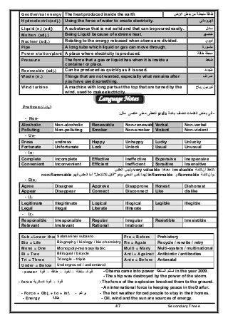 Secondary Three47
Geothermal energy The heat produced inside the earth ‫االرض‬ ‫باطن‬ ‫من‬ ‫منبعثة‬ ‫طاقة‬
Hydroelectric(adj.) Using the force of water to create electricity. ‫كھرومائي‬
Liquid (n.) (adj) A substance that is not solid and that can be poured easily. ‫سائل‬
Molten (adj.) Being Liquid because of extreme heat. ‫منصھر‬
Nuclear (adj.) Relating to the energy released when atoms are divided. ‫نووي‬
Pipe A long tube which liquid or gas can move through. ‫ماسورة‬
Power station/plant A place where electricity is produced. ‫طاقة‬ ‫محطة‬
Pressure The force that a gas or liquid has when it is inside a
container or place.
‫ضغط‬
Renewable (adj.) Can be produced as quickly as it is used. ‫متجدد‬
Waste (n.) Things that are not wanted, especially what remains after
you have used something.
‫اسراف‬
Wind turbine A machine with long parts at the top that are turned by the
wind, used to make electricity.
‫رياح‬ ‫توربين‬
Language Notes
‫اﻟﺑﺎدﺋﺎت‬Prefixes
-‫بادئة‬ ‫تضاف‬ ‫الكلمات‬ ‫بعض‬ ‫فى‬prefix‫مثل‬ ‫عكسى‬ ‫معنى‬ ‫لتعطى‬:
- Non-
Alcoholic Non-alcoholic Renewable Non-renewabl Verbal Non-verbal
Polluting Non-polluting Smoker Non-smoker Violent Non-violent
- Un-
Dress undress Happy Unhappy Lucky Unlucky
Fortunate Unfortunate Lock Unlock Usual Unusual
- In-
Complete incomplete Effective Ineffective Expensive Inexpensive
Convenient Inconvenient Efficient Inefficient Sensitive Insensitive
-‫كلمة‬ ‫أن‬ ‫الحظ‬invaluable‫معناھا‬very valuable‫العكس‬ ‫وليس‬
-‫كلمة‬ ‫وأن‬flammable‫و‬inflammable‫وھو‬ ‫المعني‬ ‫نفس‬ ‫لھما‬"‫لالشتعال‬ ‫قابل‬"‫فھو‬ ‫العكس‬ ‫أما‬non-flammable
- Dis-
Agree Disagree Approve Disapprove Honest Dishonest
Appear Disappear Connect Disconnect Like dislike
- il-
Legitimate Illegitimate Logical Illogical Legible Illegible
Legal Illegal Literate Illiterate
- Ir-
Responsible Irresponsible Regular Irregular Resistible Irresistible
Relevant Irrelevant Rational Irrational
Sub =Lower thanSubmarine/ subzero Pre = Before Prehistory
Bio = Life Biography / biology / bio-chemistry Re = Again Recycle / rewrite / retry
Mono = One Monopoly-monosyllabic Multi = Many Multi-system / multinational
Bi = Two Bilingual / bicycle Anti = Against Antibiotic / antibodies
Tri = Three Triangle – triple Ante = Before Antenatal
Under = Below Underground / understand
- power ‫قوة‬-‫سلطة‬‫ـ‬‫نفوذ‬‫ـ‬‫طاقة‬‫ـ‬‫قوة‬ - Obama came into power ‫السلطة‬ ‫استلم‬ in the year 2009.
- The ship was destroyed by the power of the storm.
- force ‫قوة‬‫ـ‬‫عسكرية‬ ‫قوة‬ - The force of the explosion knocked them to the ground.
- An international force is keeping peace in the Darfur.
- Force + Obj. + to + inf. ‫يرغم‬‫ـ‬ - The hot weather forced people to stay in their homes.
- Energy ‫طاقة‬ - Oil, wind and the sun are sources of energy.
 