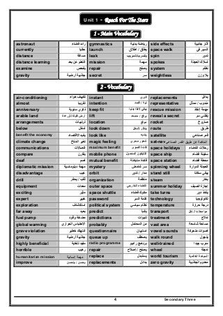 Secondary Three4
Unit 1 - Reach For The Stars
1 - Main Vocabulary
astronaut ‫فضاء‬ ‫رائد‬ gymnastics ‫بدنية‬ ‫رياضة‬ side effects ‫أثار‬‫جانبية‬
currently ‫حاليا‬ launch ‫يطلق‬/‫اطالق‬
‫ق‬
space walk ‫في‬ ‫السير‬
distance ‫مسافة‬ leak ‫يتسرب‬/‫تسريب‬ spin ‫تدور‬
distance learning ‫بعد‬ ‫عن‬ ‫التعلم‬ mission ‫مھمة‬ spokes ‫العج‬ ‫أسالك‬‫لة‬
examine ‫يفحص‬ repair ‫يصلح‬ system ‫نظام‬
gravity ‫أرضية‬ ‫جاذبية‬ secret ‫سر‬ weightless ‫وزن‬ ‫بال‬
2 - Vocabulary
air-conditioning ‫تكييف‬‫ھواء‬ instant ‫فوري‬ replacements ‫بدائل‬
almost ‫تقريبا‬ intention ‫نية‬/‫قصد‬ representative ‫مندوب‬/‫ممثل‬
anniversary ‫سنوي‬ ‫ذكري‬‫ة‬ keep fit ‫بدنيا‬ ‫الئقا‬ ‫يبقي‬ rescue mission ‫إنقاذ‬ ‫مھمة‬
arable land ‫للزراعة‬ ‫قابلة‬ ‫أرض‬ lift ‫يرفع‬/‫مصعد‬ reveal a secret ‫سر‬ ‫يفشي‬ُ
arrangements ‫ترتيبات‬ location ‫موقع‬ rocket ‫صاروخ‬
below ‫أسفل‬ look down ‫ينظر‬‫ألسفل‬ route ‫طريق‬
benefit the economy ‫االقتصاد‬ ‫يفيد‬ look like ‫يشبه‬ satellite ‫صناعي‬ ‫قمر‬
climate change ‫المناخ‬ ‫تغير‬ magic feeling ‫سحري‬ ‫شعور‬ sat-nav ‫اﻟﺻﻧﺎﻋﻲ‬ ‫اﻟﻘﻣر‬ ‫طرﻳق‬ ‫ﻋن‬ ‫اﻟﻣﻼﺣﺔ‬
communications ‫اتصاالت‬ maximum benefit ‫قصوى‬ ‫فائدة‬ space holidays ‫الفضاء‬ ‫رحالت‬
compare ‫يقارن‬ mobile phone ‫التليفون‬‫المحمول‬
‫ال‬‫ل‬
space ship ‫فضاء‬ ‫سفينة‬
deaf ‫أصم‬ mutual benefit ‫متبادلة‬ ‫فائدة‬ space station ‫فضاء‬ ‫محطة‬
diplomatic mission ‫دبلوماسية‬ ‫مھمة‬ mystery ‫سر‬‫غامض‬ spinning wheel ‫الدوارة‬ ‫العجلة‬
disadvantage ‫عيب‬ orbit ‫مدار‬/‫تدور‬ stand still ‫ساكن‬ ‫يبقي‬‫ا‬
drill ‫ثقب‬/‫ي‬‫حفر‬ organization ‫منظمة‬ steam ‫بخار‬
equipment ‫معدات‬ outer space ‫الخارجي‬ ‫الفضاء‬ summer holiday ‫الصيف‬ ‫إجازة‬
exciting ‫مثير‬ space shuttle ‫فضاء‬ ‫مكوك‬ take turns ‫دور‬ ‫يأخذ‬
expert ‫خبير‬ password ‫السر‬ ‫كلمة‬ technology ‫تكنولوجيا‬
exploration ‫استكشاف‬ political system ‫سياسي‬ ‫نظام‬ temperature ‫حرارة‬ ‫درجة‬
far away ‫بعيد‬ predict ‫يتنبأ‬ transport ‫نقل‬ / ‫مواصالت‬
fuel pump ‫وقود‬ ‫مضخة‬ predictions ‫تنب‬‫ؤا‬‫ت‬ treatment ‫عالج‬
global warming ‫الحراري‬ ‫االحتباس‬ probably ‫المحتمل‬ ‫من‬ vast area ‫شاسعة‬ ‫مساحة‬
grave violation ‫خطير‬ ‫انتھاك‬ questionnaire ‫استبيا‬‫ن‬ vowel sounds ‫متحركة‬ ‫أصوات‬
gravity ‫جاذبية‬‫أرضية‬ queue up ‫يصطف‬ walk round ‫يتجول‬
highly beneficial ‫للغاية‬ ‫مفيد‬ radio programme ‫راديو‬ ‫برنامج‬ well-trained ‫جيدا‬ ‫مدرب‬
horrible ‫رھيب‬ repair ‫يصلح‬/‫إصالح‬ wheel ‫عجلة‬
humanitarian mission ‫إﻧﺳﺎﻧﻳﺔ‬ ‫ﻣﻬﻣﺔ‬ replace ‫يستبدل‬ world tourism ‫العالمية‬ ‫السياحة‬
improve ‫يحسن‬/‫يتحسن‬ replacements ‫بدائل‬ zero gravity ‫الجاذبية‬ ‫معدوم‬
Der
 