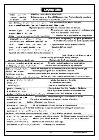 Secondary Three63
Language Notes
- habit ‫شخـص‬ ‫عـادة‬ - Watching video clips is a bad habit.
- custom ‫شعب‬ ‫عـادة‬ - Colouring eggs on Sham El-Nesseem is an Ancient Egyptian custom.
- traditions ‫تقاليد‬ - Some traditions are out of date .‫الزمن‬ ‫عليھا‬ ‫عفا‬
award( ‫جائـزة‬ ‫ـ‬ ‫منحـة‬ ‫ـ‬ ‫يمنـح‬)‫بإجادة‬ ‫شـئ‬ ‫عمـل‬ ‫مقابـل‬ - He won the school award last year.
reward ‫مكـافـأة‬ ‫ـ‬ ‫يكافـئ‬)‫جيـد‬ ‫عمـل‬ ‫أو‬ ‫حسـن‬ ‫سلـوك‬ ‫مقابـل‬(‫للمجتمع‬ ‫خدمـة‬ ‫تقديـم‬ ‫أو‬
- My father gives us chocolate as a reward when we do well.
present = gift ‫مقابل‬ ‫بدون‬ ‫ھدية‬ - My uncle gave me a present on my birthday party.
a ward ‫مستشفى‬ ‫فى‬ ‫عنبر‬ ‫ـ‬ ‫جناح‬ - Take this patient to a ward three.
Prize ‫نقدية‬ ‫جائزة‬)‫مثال‬ ‫رحلة‬ ‫او‬(‫شيء‬ ‫في‬ ‫نجح‬ ‫لشخص‬ ‫تمنح‬ - She won the third prize in the competition.
- biography ‫شخـ‬ ‫يكتبھـا‬ ‫لشخـص‬ ‫ذاتيـة‬ ‫سيـرة‬‫ص‬ - I want to write a biography of my great grandfather.
- autobiography ‫الشخـص‬ ‫يكتبھـا‬ ‫لشخـص‬ ‫ذاتيـة‬ ‫سيـرة‬ - The leader will publish his autobiography soon.
- win ‫يف‬‫ـ‬‫وز‬‫ــ‬‫يكسب‬)‫انتخابات‬ ‫ـ‬ ‫مبـاراة‬ ‫ـ‬ ‫كأس‬ - Egypt won the match against Australia.
- beat ‫يھ‬‫ـ‬‫زم‬‫ـ‬‫على‬ ‫يتغـلب‬)‫فـريق‬ ‫أو‬ ‫شخـص‬( - Egypt could beat Israel.
- gain ‫مفيد‬ ‫معنوى‬ ‫شىء‬ ‫على‬ ‫يحصل‬ ‫ـــ‬ ‫يكتسب‬)‫شھرة‬ ‫ـ‬ ‫معلـومات‬ ‫معـرفة‬ ‫ـ‬ ‫خبـرة‬(
- I gained a lot of information during the discussion.
‫الكمية‬ ‫ـ‬ ‫السرعة‬ ‫ـ‬ ‫الوزن‬ ‫فى‬ ‫زيادة‬ ‫إلى‬ ‫تشير‬ ‫كما‬
- People usually gain weight during holidays.
- earn ‫يكسب‬)‫رزق‬ ‫أو‬ ‫قوت‬(‫عمل‬ ‫مقابل‬ - Most people don’t earn enough money.
- routine ‫روتين‬)‫يوم‬ ‫كل‬ ‫الوقت‬ ‫نفس‬ ‫في‬ ‫الشئ‬ ‫نفس‬ ‫عمل‬( - My daily routine has become more boring.
- red tape ( ‫حكومي‬ ‫روتين‬ ) ‫حكومية‬ ‫تعقيدات‬ - I had a lot of red tape to get my passport.
Retire ‫للمعـاش‬ ‫يحـال‬)‫يتقـاعـد‬( - When an employee is 60, he retires and lives on his pension.‫ﻣﻌﺎش‬
Resign ‫العمـ‬ ‫من‬ ‫يستقيـل‬‫ل‬ - The manager resigned as a result of the accident.
Politician ‫السياسة‬ ‫رجل‬ -Yesterday's interview was a debate between two politicians.
Diplomat ‫دبلوماسي‬)‫الخارجية‬ ‫وزارة‬ ‫في‬ ‫أو‬ ‫سفارة‬ ‫في‬ -Ahmed works as a diplomat in the Ministry of Foreign Affairs.
- on board ( ‫متن‬ ‫على‬)‫طائرة‬ ‫ـ‬ ‫سفينة‬ - I climbed on board of the ship.
- broad ‫عريض‬ - Ali has broad shoulders.
- abroad ‫الخارج‬ - My uncle travelled abroad.
graduate from‫مـن‬ ‫يتخـرج‬ - He graduated from the Faculty of Medicine.
a graduate of ‫خـريـج‬ - He is a graduate of the Faculty of Medicine.
graduate with a degree in ‫فـى‬ ‫بشھـادة‬ ‫يتخـرج‬ - He graduated with a degree in history.
publish ‫ينشر‬ ‫ـ‬ ‫يعلن‬)‫كتاب‬( -He works for a company that publishes reference books.
spread‫ينتشر‬ ‫ـ‬ ‫ينشر‬ -Terrorism spreads panic among all classes of society.
prevail‫يعم‬ ‫ـ‬ ‫يسود‬ -Justice will prevail over tyranny.
disabled ‫جسـدية‬ ‫إعاقـة‬ ‫ذو‬ We take disabled children on trips at the weekends.
retarded‫عقليـة‬ ‫إعاقـة‬ ‫ذو‬ Retarded children go to special school where they get special care.
backward ‫الطبيعى‬ ‫النمـو‬ ‫عن‬ ‫متخلف‬)‫دولة‬ ‫ـ‬ ‫شخـص‬(
Backward children learn more slowly than others. - The UN helps backward countries.
work ‫عمـل‬‫العمـل‬ ‫مكـان‬ ‫ـ‬)‫يعـد‬ ‫ال‬ ‫اسم‬( I have got a lot of work to do. Mr Ahmed leaves work at two o'clock
job ( ‫مھنـه‬ ‫ـ‬ ‫وظيفة‬)‫يعـد‬ ‫اسم‬ -He has got a job as a teacher. I have got a lot of jobs to do.
career‫للفـرد‬ ‫العملية‬ ‫الحياة‬ ‫مھنـه‬ -He started his career five years ago.
profession ‫مھنـه‬)‫وتـدريـب‬ ‫مؤھـالت‬ ‫إلى‬ ‫تحتـاج‬( -Teaching is a profession.
 