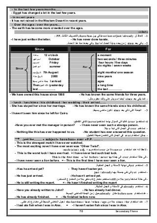 Secondary Three70
- In the last few years/months…….
- Egypt has changed a lot in the last few years.
- In recent years
- It has not rained in the Western Desert in recent years.
- Over the ages / over the years….
- The earth has become more crowded over the ages.
‫مالحظات‬:
1-‫أن‬ ‫الحظ‬ever/never/just/ already‫بين‬ ‫تأتي‬have/has‫الثالث‬ ‫والتصريف‬: PP.
- I have just written the letter. - He has never done karate.
2-‫بعد‬ ‫يأتى‬since‫أما‬ ‫الحدث‬ ‫بداية‬ ‫يحدد‬ ‫زمن‬for‫الحدث‬ ‫ھذا‬ ‫مدة‬ ‫بعدھا‬ ‫يأتى‬.
Since For
‫ساعة‬ 12 o’clock a moment
Since
‫اسم‬‫شھر‬ October
‫اسم‬‫يوم‬ Friday
‫اسم‬‫فصل‬ summer For
two seconds / three minutes
four hours / five days
six nights / seven weeks
‫يوم‬ ‫تاريخ‬ 7th August eight months/ one season
‫تاريخ‬‫سنة‬ 2000 nine years
‫جملة‬‫ماضي‬‫بسيط‬ I arrived ages
Then ‫ذلك‬‫الحين‬ /yesterday a long time
last ……………... the last …………..
- We have owned this house since 1988 - He has known the same friends for three years.
-‫كما‬‫بعد‬ ‫يأتى‬since‫مثل‬ ‫معلوم‬ ‫وقت‬ ‫علي‬ ‫يدل‬ ‫اسم‬ ‫أيضا‬:
- lunch / lunchtime / his childhood / her wedding / their arrival…….
- She has stayed her since her marriage. - He has known the same friends since his childhood.
3-‫بعد‬ ‫تأتي‬ ‫التي‬ ‫الجملة‬since‫ت‬‫بسيط‬ ‫ماضي‬ ‫كون‬:
- I haven’t seen him since he left for Cairo.
‫القاطع‬ ‫للنفي‬: (never)‫تستخدم‬ ‫بينما‬ ‫السؤال‬ ‫في‬ ‫غالبا‬ (ever ) -‫تستخدم‬ 4
-Have you ever met the manager in person? - I have never seen such a strange person.
-‫نستخدم‬ever‫بـ‬ ‫تبدأ‬ ‫التى‬ ‫الجمل‬ ‫فى‬No
- Nothing like this has ever happened to us. - No student has ever answered this question.
-‫استخدام‬ ‫يمكن‬ever‫صيغة‬ ‫تتضمن‬ ‫التى‬ ‫الجمل‬ ‫فى‬‫تفضيل‬:
‫صفة‬‫تفضيل‬ …….. + subject+ have/has+ ever +P.P. ……. .
- This is the strangest match I have ever watched.
- The most exciting novel I have ever seen was “Oliver Twist".
-‫الحظ‬‫أنه‬‫استخدام‬ ‫عند‬never‫من‬ ‫بدال‬ever‫نستخدم‬such (a/an) adj. + n.:
- This is the worst luck I have ever had. = I have never had such bad luck.
-‫استخدام‬ ‫حالة‬ ‫فى‬ever‫بھا‬ ‫جمله‬ ‫فى‬never/before‫بــ‬ ‫نبدأ‬This is the first time
- I have never seen a lion before. = - This is the first time I have ever seen a lion.
5-‫تستخدم‬yet‫و‬ ‫األسئلة‬ ‫نھاية‬ ‫فى‬‫المنفية‬ ‫الجمل‬.
- Has he arrived yet? - They haven't eaten yet.
-‫تستخدم‬yet‫بھـ‬ ‫جمــلة‬ ‫نفي‬ ‫في‬‫ا‬just / already
- He has just arrived. - He hasn’t arrived yet.
-‫استخدام‬ ‫حالة‬ ‫في‬yet‫بدال‬‫من‬still‫نستخدم‬‫المستمر‬ ‫المضارع‬ ‫من‬ ‫بدال‬ ‫منفى‬ ‫تام‬ ‫مضارع‬:
- He is still writing the report. = - He hasn’t finished writing the report
6-‫نستخدم‬already‫المثبتة‬ ‫الجمل‬ ‫و‬ ‫األسئلة‬ ‫فى‬.
- Have you already written to John? - He has already had dinner.
-‫عندإستخدام‬before now‫مكان‬already‫البسيط‬ ‫للماضي‬ ‫الجملة‬ ‫زمن‬ ‫يحول‬
- He has already finished. = - He finished before now.
7-‫استخدام‬ ‫عند‬since / for‫من‬ ‫بدال‬the last time / last / when / ago‫الماضى‬ ‫نحول‬‫مضارع‬ ‫إلى‬ ‫البسيط‬‫منفى‬ ‫تام‬.
- I last ate fish when I was in Alex. = - I haven’t eaten fish since I was in Alex.
 