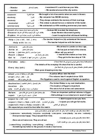 Secondary Three7
- Wonder ‫يتساءل‬ /‫يتعجب‬ -I wondered if I could borrow your bike.
- wander ‫يتجول‬ - We wandered around the city centre.
-souvenir ‫تذكارية‬ ‫ھدية‬ -We bought a lot of souvenirs when we were in Aswan.
-memory ‫ذاكـرة‬ - My computer has 500GB memory.
-memory ‫ذكـري‬ - They always celebrate the memory of their marriage.
-memorial ‫تذكاري‬ ‫نصب‬ُ ُ - This statue is placed here as a memorial of the leader.
-anniversary ‫سنوية‬ ‫ذكري‬ - We celebrated our fifth wedding anniversary last week.
-Invent ‫يخترع‬‫قبل‬ ‫من‬ ‫موجود‬ ‫يكن‬ ‫لم‬ ‫جديد‬ ‫شىء‬ - Graham Bill invented the telephone.
-Discover ‫يكتشف‬‫كا‬ ‫شىء‬‫معروف‬ ‫غير‬ ‫ولكنة‬ ‫موجـود‬ ‫ن‬ - Isaac Newton discovered gravity.
-Explore ‫عنه‬ ‫شىء‬ ‫يعرف‬ ‫و‬ ‫غريب‬ ‫شىء‬ ‫يستكشف‬ - I want to explore that old desert building .
-Help + ( to + inf. / inf. ) ‫يساعد‬ - The teacher helped me (to) understand the lesson.
-Help with / in + n. - The teacher helped me with the lesson.
- Arrive in ‫كبيـر‬ ‫مكـان‬ ‫يصـل‬ -We arrived in London an hour ago.
- Arrive at ‫صغيـر‬ ‫مكـان‬ ‫يصـل‬ - He has just arrived at the cinema.
- Arrive ‫جـر‬ ‫حـرف‬ ‫بـدون‬)‫مفعول‬ ‫بعدھا‬ ‫ياتي‬ ‫ال‬( - When will you arrive?
-Reach + object ‫جـر‬ ‫حـرف‬ ‫بـدون‬ ‫يصـل‬ - I reached the station an hour late.
-Get to ‫إلى‬ ‫يصــل‬)‫الصعوبة‬ ‫او‬ ‫الجھد‬ ‫من‬ ‫بشىء‬( - They got to the bus stop at 7:30.
-Everyday (adj.) ‫بمعني‬ ‫واحدة‬ ‫ككلمة‬ ‫تستخدم‬)‫يومي‬(‫الحالة‬ ‫ھذه‬ ‫في‬ ‫وھي‬)‫صفة‬(
- The details of his everyday life show that he is careful.
-Every day (adv.) ‫حال‬ ‫الحالة‬ ‫ھذه‬ ‫في‬ ‫وھي‬ ‫يوم‬ ‫كل‬ ‫بمعني‬ ‫منفصلتان‬ ‫ككلمتان‬ ‫تستخدم‬.
- Mum goes shopping every day.
-shoot ‫من‬ ‫النار‬ ‫يطلق‬‫مسدس‬ ‫أو‬ ‫بندقية‬ - A police officer shot the thief.
-erupt ‫يث‬‫ينفجر‬ ‫ـ‬ ‫ور‬)‫بركان‬( - The volcano hasn’t erupted since 1229.
-revolt ‫وضع‬ ‫يثورعلى‬‫او‬‫نظا‬‫م‬ -The Egyptians used to revolt against English occupation.
-destination ‫الوصول‬ ‫مكان‬)‫المقصود‬ ‫المكان‬( -The United States is my next destination.
-location ‫موقع‬ - The location of Egypt is important.
-site ‫أثـرى‬ ‫موقـع‬/‫بنـاء‬/‫موقـع‬‫االنترنت‬ ‫على‬ -The site is full of actors and cameramen.
-Reform ‫معين‬ ‫نظام‬ ‫علي‬ ‫تحسين‬ ‫أو‬ ‫تعديل‬ ‫بإدخال‬ ‫يقوم‬ - There are important political reforms in Egypt.
-repair ‫ترميم‬ ‫ـ‬ ‫إصالح‬)‫مبنى‬ ‫أو‬ ‫شئ‬( - Old buildings in our street are in need of repair.
-expect to + inf. ‫مصدر‬ ‫يتوقـع‬ - I didn’t expect to see you here.
- expect ( that ) + Sub + will + inf. ‫المضارع‬ ‫فى‬ ‫يتوقـع‬ - I expect you will get full marks.
- expected ( that )+ Subj.+ would + inf. ‫الماضى‬ ‫فى‬ ‫يتوقـع‬ ‫كان‬
- We expected you would be tired after the match.
-‫الحظ‬‫عند‬ ‫ولكن‬ ‫اآلتية‬ ‫الكلمات‬ ‫مع‬ ‫مفرد‬ ‫فعل‬ ‫استخدام‬‫جمع‬ ‫ضمير‬ ‫نستخدم‬ ‫بضمير‬ ‫إليھا‬ ‫اإلشارة‬:
( someone / somebody / anyone / anybody / everyone / everybody / no one / nobody )
- Everyone was happy. They enjoyed their time.
-‫الحظ‬‫فعل‬ ‫استخدام‬‫جمع‬‫و‬‫مع‬ ‫جمع‬ ‫ضمير‬( none):
- None are at home now. They are all out.
-‫الحظ‬‫مفرد‬ ‫فعل‬ ‫استخدام‬‫و‬‫ضمي‬‫ر‬‫مفرد‬‫اآلتية‬ ‫الكلمات‬ ‫مع‬:
( something / anything / everything / nothing )
- Something has fallen to the ground. It made a loud voice.
 