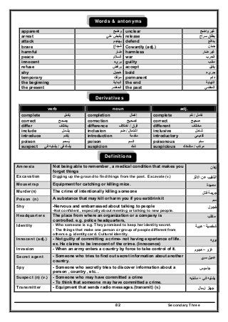 Secondary Three82
Words & antonyms
apparent ‫واضح‬ unclear ‫واضح‬ ‫غير‬
arrest ‫علي‬ ‫يقبض‬ release ‫سراح‬ ‫يطلق‬
attack ‫يھاجم‬ defend ‫يدافع‬
brave ‫شجاع‬ Cowardly (adj.) ‫جبان‬
harmful ‫ضار‬ harmless ‫ضار‬ ‫غير‬
peace ‫السالم‬ war ‫الحرب‬
innocent ‫بريء‬ guilty ‫مذنب‬
refuse ‫يرفض‬ accept ‫يقبل‬
shy ‫خجول‬ bold ‫جريء‬
temporary ‫مؤقت‬ permanent ‫دائم‬
the beginning ‫البداية‬ the end ‫النھاية‬
the present ‫الحاضر‬ the past ‫الماضي‬
Derivatives
verb noun adj.
complete ‫يكمل‬ُ completion ‫إكمال‬ complete ‫كامل‬/‫تام‬
correct ‫يصحح‬ correction ‫تصحيح‬ correct ‫صحيح‬
differ ‫يختلف‬ difference ‫فرق‬/‫اختالف‬ different ‫مختلف‬
include ‫يشمل‬ inclusion ‫اشتمال‬/‫ضم‬ inclusive ‫شامل‬
introduce ‫يقدم‬ُ introduction ‫مقدمة‬ introductory ‫تقديمي‬
poison ‫يسمم‬ُ poison ‫السم‬ poisonous ‫سام‬
suspect ‫في‬ ‫يشك‬/‫في‬ ‫يشتبه‬ suspicion ‫شك‬ suspicious ‫مرتاب‬/‫متشكك‬
Definitions
Amnesia Not being able to remember , a medical condition that makes you
forget things
‫ﻫﺎن‬‫ز‬
Excavation Digging up the ground to find things from the past. Excavate (v.) ‫اﻻﺛﺎر‬ ‫ﻋن‬ ‫اﻟﺗﻧﻘﻳب‬
Mousetrap Equipment for catching or killing mice. ‫ﻣﺻﻳدة‬
Murder(n) The crime of intentionally killing someone ‫ﻗﺗﻝ‬ ‫ﺟرﻳﻣﺔ‬
Poison (n) A substance that may kill or harm you if you eat/drink it ‫ﺳم‬
Shy -Nervous and embarrassed about talking to people
-Not confident , especially about meeting or talking to new people.
‫ﺧﺟوﻝ‬
Headquarters The place from where an organization or a company is
controlled. e.g. police headquarters,
‫ﻣﻛﺎﺗب‬
Identity - Who someone is e.g. They promised to keep her identity secret.
- The things that make one person or group of people different from
others e.g. identity card. Cultural identity.
‫ﺷﺧﺻﻳﺔ‬-‫ﻫوﻳﺔ‬
Innocent (adj.) - Not guilty of committing a crime- not having experience of life.
ex. He claims to be innocent of the crime. (Innocence)
‫يء‬‫ﺑر‬
Invasion - When an army enters a country by force to take control of it. ‫ﻏزو‬–‫ﻫﺟوم‬
Secret agent - Someone who tries to find out secret information about another
country.
‫ي‬‫ﺳر‬ ‫ﻋﻣﻳﻝ‬
Spy - Someone who secretly tries to discover information about a
person , country , etc. .
‫ﺟﺎﺳوس‬
Suspect (n) (v.) - Someone who may have committed a crime
- To think that someone may have committed a crime.
‫ﻓﻲ‬ ‫ﻳﺷﺗﻳﻪ‬–‫ﻣﺷﺗﺑﻪ‬
Transmitter - Equipment that sends radio messages.(transmit) (v.) ‫ارﺳﺎﻝ‬ ‫ﺟﻬﺎز‬
 
