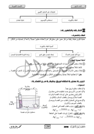139 2016
(1): ‫ةامكهرةــاء‬ ‫امطــالء‬
‫ةامكهرةاء‬ ‫امعالء‬:
ّ‫ػ‬‫آخس‬ ‫فٍص‬ ‫ظطؼ‬ ٍٝ‫ػ‬ ٓ١‫ِؼ‬ ‫فٍص‬ ِٓ ‫زل١مخ‬ ‫ؽجمخ‬ ٓ٠ٛ‫رى‬ ‫ٍ١خ‬‫إل‬‫ِظٙس‬ ٗ‫ػطبئ‬ً‫ا‬ً‫اٌزآو‬ ِٓ ٗ‫ٌؾّب٠ز‬ ٚ‫أ‬ ً‫ب‬‫ٚالِؼ‬ ً‫ال‬١ّ‫ع‬.
: ‫امطالء‬ ‫معىنٌة‬ ‫أوثنة‬
①َٚ‫اٌىس‬ ِٓ ‫ثطجمخ‬ ‫اٌظٍت‬ ِٓ ‫اٌّظٕٛػخ‬ ‫اٌع١بزاد‬ ‫أعصاء‬ ‫ثؼغ‬ ‫ؽالء‬‫؟‬ ‫علل‬ ...
.ً‫اٌزآو‬ ِٓ ‫ٌؾّب٠زٙب‬ ً‫ب‬‫ٚأ٠ؼ‬ ً‫ب‬١ٌ‫عّب‬ ً‫ال‬‫شى‬ ‫ٌزؤخر‬
②‫األ‬ ‫ثؼغ‬ ‫ؽالء‬‫اٌفؼخ‬ ٚ‫أ‬ ‫اٌر٘ت‬ ٚ‫أ‬ َٚ‫ثبٌىس‬ ‫اٌسخ١ظخ‬ ْ ‫ٚاٌّؼب‬ ‫ٚاٌخالؽبد‬ ‫اٌظٕبث١س‬ ً‫ِض‬ ‫اٌظؾ١خ‬ ‫ٚاد‬...
‫؟‬ ‫عنل‬.‫٠خ‬ ‫االلزظب‬ ‫ل١ّزٙب‬ ‫ٚزفغ‬ ً‫اٌزآو‬ ِٓ ‫ٚؽّب٠زٙب‬ ً‫ب‬١ٌ‫عّب‬ ً‫ال‬‫شى‬ ‫إلػطبئٙب‬
‫مطالء‬ ‫عىنيــث‬ ‫تجرةــث‬‫اةريق‬: ‫امفضــث‬ ‫وــي‬ ‫ةطتلــث‬
‫امخعوات‬:
(1).ً‫ا‬‫ع١د‬ ‫اثس٠ك‬ ‫ظطؼ‬ ‫ٔظ‬
(2)‫تتتت‬‫ت‬٠‫االثس‬ ‫تتتتط‬‫ت‬ّ‫اغ‬‫تتتتٛي‬‫ت‬ٍ‫ِؾ‬ ٟ‫تتتت‬‫ت‬‫ف‬ ٗ‫تتتت‬‫ت‬‫رٕظ١ف‬ ‫تتتتد‬‫ت‬‫ثؼ‬ ‫ك‬
‫تساد‬‫ت‬‫(ٔز‬ ‫تخ‬‫ت‬‫اٌفؼ‬ ‫تبد‬‫ت‬ٔٛ٠‫أ‬ ٝ‫ت‬‫ت‬ٍ‫ػ‬ ٞٛ‫ت‬‫ت‬‫٠ؾز‬ ٟ‫إٌىزسٌٚ١زت‬
.) ٛ‫(اٌىبص‬ ‫اٌعبٌت‬ ‫ثبٌمطت‬ ً‫ٚ٠ٛط‬ )ً‫ال‬‫ِض‬ ‫اٌفؼخ‬
(3)ً‫ٚ٠ٛطتت‬ ‫اٌفؼتتخ‬ ٓ‫ِتت‬ ‫لطتتت‬ ‫اٌّؾٍتتٛي‬ ٟ‫فتت‬ ‫ػتتغ‬
.) ٛٔ‫(األ‬ ‫اٌّٛعت‬ ‫ثبٌمطت‬
(4)ًْ ‫ا‬ ‫ػٌد‬:‫اٌّؾٍٛي‬ ٟ‫ف‬ ‫اٌفؼخ‬ ‫لطت‬ ‫٠رٚة‬
Oxidation +
(s) (aq)Ag° Ag + e

(5)ْ‫الابث‬ ‫ػٌد‬:ٛ٠‫أ‬ ‫خزصي‬ُ‫ر‬‫اٌٍّؼمخ‬ ٍٝ‫ػ‬ ‫اٌفؼخ‬ ‫ٔبد‬
Reduction+
(aq) (s)Ag + e Ag°

 
