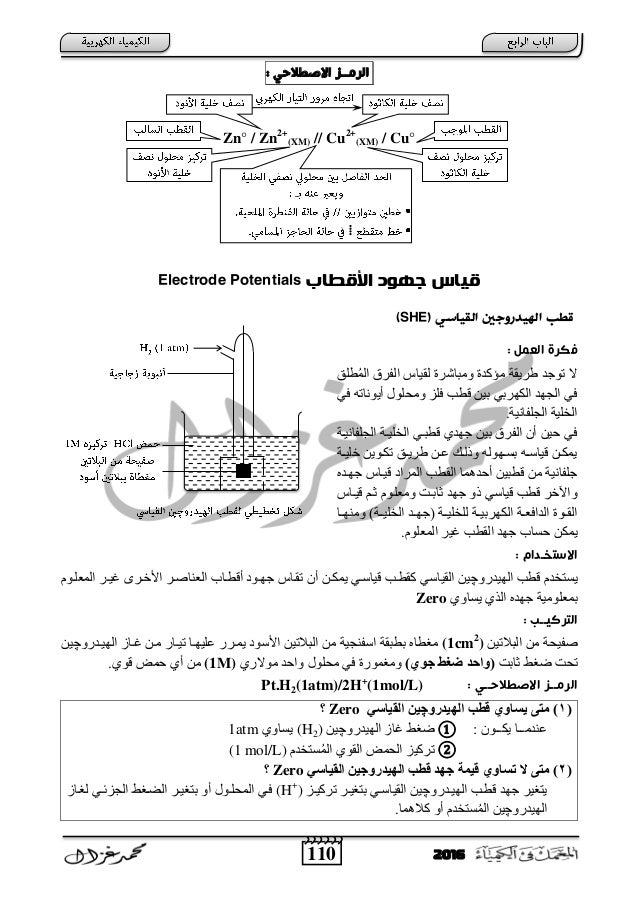 110 2016
‫امروــز‬‫االصعالخي‬:
Zn° / Zn2+
(XM) // Cu2+
(XM) / Cu°
‫األكطاب‬ ‫جهود‬ ‫كياس‬Electrode Potentials
‫املٌاسي‬ ‫ا...