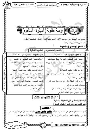 14‫أ‬‫علي‬ ‫حنفي‬ ‫عالء‬ /
‫اىْفظ‬ ٌ‫ػي‬ ٜ‫ف‬ ٗ‫اىَبٝغزش‬
ٜ‫ػي‬ٜ‫دْف‬‫ػالء‬/ٗ‫اىَبٝغزش‬(‫ٝ٘عف‬٘‫اث‬
‫اىؼبٍخ‬‫اىثبّ٘ٝخ‬‫ثج٘اثخ‬‫ٗاىفيغفخ‬‫اىْفظ‬ٌ‫ػي‬‫ٍششف‬
01119430160 & 01000716857
‫ثقْبح‬ ‫اىزؼيَٞٞخ‬ ‫اىجشاٍج‬ ً‫ٍقذ‬A ONEٌٞ‫اىزؼي‬ ‫اخجبس‬ ‫ثَجيخ‬ ‫اىَبدح‬ ‫ٍؼذ‬
َ‫حُطل‬ ‫ُ٘وٜ٤ش‬ ٠ُٝ٧‫ح‬ ٌٍٝ‫حُز‬ ‫٧ٜٗخ‬ ‫أٛٔ٤ش‬ َ‫ح٧ًؼ‬ ‫حَُٔكِش‬ ٢ٛ ‫حُطلُٞش‬ ‫َٓكِش‬ ‫طؼي‬
: ‫حُطلُٞش‬ ٠‫ك‬ ُٞٔ٘‫ح‬ ٚ‫هٜخث‬
1-‫الطفولة‬ ‫يف‬ ‫اجلسمي‬ ‫النمو‬
‫ادلجكزح‬ ‫انطفىنخ‬ ‫فى‬ ًً‫اجلس‬ ‫اننًى‬ )‫أ‬
‫ادلجكزح‬ ‫انطفىنخ‬ ) ‫أ‬ (ٍِ2-6‫عْ٘اد‬‫ادلتأخزح‬ ‫انطفىنخ‬ )‫(ة‬ٍِ6-12‫عْخ‬
1-‫٣ظ٠خػق‬ ‫ك٤غ‬ ‫رخَُٔػش‬ ٠ٔٔ‫حُـ‬ ُٞٔ٘‫ح‬ ُ‫٣ٔظخ‬
ُٚٗٝ ٍ‫أٓؼخ‬ ‫ػ٬ع‬ ‫حُؼخٗ٤ش‬ ‫حُٔ٘ش‬ ‫ٜٗخ٣ش‬ ٠‫ك‬ َ‫حُطل‬ ُٕٝ
. ‫حُٔ٤٬ى‬ ‫ػ٘ي‬
2-‫حُؼ٠٬ص‬ ٞٔ٘‫ٝط‬ ٍٞ‫حُط‬ ‫٣ِىحى‬
3-٠ٔٔ‫حُـ‬ ٙٞٔٗ ٠ِ‫ػ‬ ‫حُـٔٔ٤ش‬ َ‫حُطل‬ ‫ٛلش‬ َ‫طئػ‬
٢ِ‫ٝحُؼو‬. ‫حَُٔكِش‬ ٌٙٛ ٠‫ك‬
4-‫هيٍس‬ ‫طِ٣ي‬٠‫حُظ‬ ‫حُٔؼِٞٓخص‬ ٖ٣ِ‫طو‬ ٠ِ‫ػ‬ َ‫حُطل‬
ٚٓ‫كٞح‬ ٖٓ ‫ػِ٤ٜخ‬ َٜ‫٣ل‬
5-٠ِ‫ػ‬ ٙ‫ٝحػظٔخى‬ ‫طلٔ٤َٛخ‬ ٠ِ‫ػ‬ ٚ‫هيٍط‬ ‫طِ٣ي‬
. ٠‫حُوخٍؿ‬ ُْ‫حُؼخ‬ ٖٓ ‫حُٞحٍىس‬ ‫حُوزَحص‬
1-. ‫حُظزخ١ئ‬ ٠‫ك‬ ٠ٔٔ‫حُـ‬ ُٞٔ٘‫ح‬ ٍ‫ٓؼي‬ ٌ‫٣ؤه‬
2-ُ‫حُـٜخ‬ ‫ر٘٠ٞؽ‬٢‫حُؼٜز‬‫ح٧ػ٠خء‬ ٞٔ٘‫ط‬
)‫ح٧ٛخرغ‬ ‫(ػ٠٬ص‬ ‫حُيه٤وش‬
3-‫حُؼ‬ ٠ِ‫ػ‬ َ‫حُطل‬ ‫طيٍ٣ذ‬ ِِّ٣‫حُيه٤وش‬ ٍ‫ٔخ‬
. ٍ‫رخُِٜٜخ‬ ‫ٝحُِؼذ‬ ‫ح٧ٍٝحم‬ ٚ‫ٝه‬ ‫ًخٌُظخرش‬
4-ٖ‫ػ‬ َ٤‫حُظؼز‬ ‫كَٛش‬ َ‫ُِطل‬ ‫٣ظخف‬ ٕ‫أ‬ ‫٣ـذ‬
ٕٝ‫٣ـي‬ ٖ٣ٌُ‫ح‬ ٖ٤٘‫حُز‬ ‫هخٛش‬ , ٠ٔٔ‫حُـ‬ ٚ١‫ٗ٘خ‬
َ٤‫حُظؼز‬ ‫ًحص‬ ‫حُِؼذ‬ ‫ٓٔخٍٓش‬ ٠‫ك‬ ‫ًز٤َس‬ ‫ٌُس‬
. ‫حُؼ٘٤ق‬ ٠ِ٠‫حُؼ‬
2-‫الطفولة‬ ‫فى‬ ‫العقلي‬ ‫النمو‬
‫ادلجكزح‬ ‫انطفىنخ‬ ‫فى‬ ‫انعمهى‬ ‫اننًى‬ )‫أ‬
‫اىخظبئض‬ ٌٕ‫أ‬‫اىَجنشح‬ ‫اىطف٘ىخ‬ ‫رَٞض‬ ٚ‫اىز‬
1-:‫انتفكري‬
‫أ‬-ٚٗ‫رؤ‬ ‫حَُٔكِش‬ ٌٙٛ ٠‫ك‬ َ‫حُطل‬ َ٤ٌ‫طل‬ ‫٣ظٜق‬ً‫حس‬ ‫يبدي‬ ‫تفكري‬‫حُٔؼ٘ٞ٣ش‬ ٍٞٓ٧‫ح‬ ٠‫ك‬ َ٤ٌ‫حُظل‬ ٌٚ٘ٔ٣ ٬‫ك‬
ٚٓ‫كٞح‬ ّ‫أٓخ‬ ‫ٝحُٔخػِش‬ ‫حُ٘وٜ٤ش‬ ٍٞٓ٧‫ح‬ ٠‫ك‬ ٌَ‫٣ل‬ َ‫ر‬ )َُ٘‫ح‬ ,َ٤‫حُو‬ ,ٍ‫حُـٔخ‬ ,‫(حُلن‬ ‫حُٔـَىس‬
 