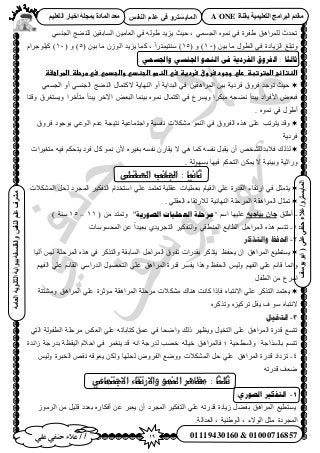 19‫أ‬‫علي‬ ‫حنفي‬ ‫عالء‬ /
‫اىْفظ‬ ٌ‫ػي‬ ٜ‫ف‬ ٗ‫اىَبٝغزش‬
ٜ‫ػي‬ٜ‫دْف‬‫ػالء‬/ٗ‫اىَبٝغزش‬(‫ٝ٘عف‬٘‫اث‬
‫اىؼبٍخ‬‫اىثبّ٘ٝخ‬‫ثج٘اثخ‬‫ٗاىفيغفخ‬‫اىْفظ‬ٌ‫ػي‬‫ٍششف‬
01119430160 & 01000716857
‫ثقْبح‬ ‫اىزؼيَٞٞخ‬ ‫اىجشاٍج‬ ً‫ٍقذ‬A ONEٌٞ‫اىزؼي‬ ‫اخجبس‬ ‫ثَجيخ‬ ‫اىَبدح‬ ‫ٍؼذ‬
‫ُِ٘٠ؾ‬ ٖ٤‫حُٔخرو‬ ٖ٤ٓ‫حُؼخ‬ ٢‫ك‬ ُٚٞ١ ‫٣ِ٣ي‬ ‫ك٤غ‬ , ٢ٔٔ‫حُـ‬ ٙٞٔٗ ٢‫ك‬ ‫١لَس‬ ‫َُِٔحٛن‬ ‫طليع‬٢ٔ٘‫حُـ‬
‫ٝطزِؾ‬( ٖ٤‫ر‬ ‫ٓخ‬ ٍٞ‫حُط‬ ٢‫ك‬ ‫حُِ٣خىس‬10( ٝ )15( ٖ٤‫ر‬ ‫ٓخ‬ ُُٕٞ‫ح‬ ‫٣ِ٣ي‬ ‫ًٔخ‬ , ً‫ح‬َ‫ٓ٘ظ٤ٔظ‬ )5( ٝ )10ّ‫ً٤ِٞؿَح‬ )
: ًٍ‫واجلس‬ ٍ‫اجلُس‬ ‫انًُى‬ ً‫ف‬ ‫انفزدَت‬ ‫انفزوق‬ : ‫ثانثا‬
‫اضظتائبػاضطترتبظػرضيػوجودػسروقػسردغظػسيػاضظطوػاضجظديػواضجدطيػسيػطرحضظػاضطراعػظػ‬‫ػ‬‫ػ‬
ٖ٤‫حَُٔحٛو‬ ٖ٤‫ر‬ ‫كَى٣ش‬ ‫كَٝم‬ ‫طٞؿي‬ ‫ك٤غ‬٢ٔٔ‫حُـ‬ ٝ‫أ‬ ٢ٔ٘‫حُـ‬ ‫حُ٘٠ؾ‬ ٍ‫٫ًظٔخ‬ ‫حُٜ٘خ٣ش‬ ٝ‫أ‬ ‫حُزيح٣ش‬ ٢‫ك‬
‫ٝهظخ‬ ‫ٝ٣ٔظـَم‬ ‫ٓظؤهَح‬ ‫٣زيأ‬ َ‫ح٥ه‬ ٞ‫حُزؼ‬ ‫ر٤٘ٔخ‬ ٙٞٔٗ ٍ‫حًظٔخ‬ ٢‫ك‬ ‫ٝ٣َٔع‬ ‫ٓزٌَح‬ ٚ‫ٗ٠ـ‬ ‫٣زيأ‬ ‫ح٧كَحى‬ ٞ‫كزؼ‬
. ٙٞٔٗ ٢‫ك‬ ٍٞ١‫أ‬
‫كَٝم‬ ‫رٞؿٞى‬ ٢‫حُٞػ‬ ّ‫ػي‬ ‫ٗظ٤ـش‬ ‫ٝحؿظٔخػ٤ش‬ ‫ٗلٔ٤ش‬ ‫ٌٓ٘٬ص‬ ُٞٔ٘‫ح‬ ٢‫ك‬ ‫حُلَٝم‬ ٌٙٛ ٠ِ‫ػ‬ ‫٣ظَطذ‬ ‫ٝهي‬
‫كَى٣ش‬
ٌُُ‫ٓظـ٤َحص‬ ٚ٤‫ك‬ ٌْ‫٣ظل‬ ‫كَى‬ ًَ ٞٔٗ ٕ٧ َٙ٤‫رـ‬ ٚٔ‫ٗل‬ ٍٕ‫٣وخ‬ ٫ ٢ٛ ‫ًٔخ‬ ٚٔ‫ٗل‬ َ‫٣وز‬ ٕ‫أ‬ ٚ‫ُِ٘و‬ ‫ك٬ري‬ ‫ي‬
. ‫رُٜٔٞش‬ ‫ك٤ٜخ‬ ٌْ‫حُظل‬ ٌٖٔ٣ ٫ ‫ٝر٤ج٤ش‬ ‫ٍٝحػ٤ش‬
‫الؼـمـلي‬ ‫اجلانب‬ : ‫ثانيا‬
‫حٌُٔ٘٬ص‬ َ‫ُل‬ ‫حُٔـَى‬ َ٤ٌ‫حُظل‬ ّ‫حٓظويح‬ ٢ِ‫ػ‬ ‫طؼظٔي‬ ‫ػوِ٤ش‬ ‫رؼِٔ٤خص‬ ّ‫حُو٤خ‬ ٢ِ‫ػ‬ ‫حُويٍس‬ ‫حٍطوخء‬ ٢‫ك‬ َ‫٣ظٔؼ‬
ُ‫ح‬ َ‫طٔؼ‬. ٢ِ‫حُؼو‬ ‫ُ٬ٍطوخء‬ ‫حُٜ٘خث٤ش‬ ‫حَُٔكِش‬ ‫َٔحٛوش‬
-‫أ١ِن‬ٔٞ‫ثٞبج‬ ُ‫جب‬ْٓ‫ح‬ ‫ػِ٤ٜخ‬‫انصىرَت‬ ‫انؼًهُاث‬ ‫"يزحهت‬"( ٖٓ ‫ٝطٔظي‬11–15) ‫ٓ٘ش‬
1-‫حُٔلٔٞٓخص‬ ٖ‫ػ‬ ً‫ح‬‫رؼ٤ي‬ ١‫حُظـَ٣ي‬ َ٤ٌ‫ٝحُظل‬ ٢‫حُٔ٘طو‬ ‫حُطخرغ‬ َ‫حَُٔحك‬ ٌٙٛ ْٔ‫طظ‬
2-‫وانتذكز‬ ‫احلفظ‬
ُ‫ح‬ ‫طلٞم‬ ‫رويٍحص‬ ًٌَ‫٣ظ‬ ‫٣للع‬ ٕ‫ح‬ ‫حَُٔحٛن‬ ‫٣ٔظط٤غ‬‫آُ٤خ‬ ْ٤ُ ‫حَُٔكِش‬ ٌٙٛ ٢‫ك‬ ًٌَ‫ٝحُظ‬ ‫حُٔخروش‬ َ‫َٔحك‬
ْٜ‫حُل‬ ٢ِ‫ػ‬ ْ‫حُوخث‬ ٢ٓ‫حُيٍح‬ َ٤ٜ‫حُظل‬ ٢ِ‫ػ‬ ‫حَُٔحٛن‬ ‫هيٍس‬ َٔ‫٣ل‬ ‫ٌٝٛح‬ ‫حُللع‬ ْ٤ُٝ ْٜ‫حُل‬ ٢ِ‫ػ‬ ْ‫هخث‬ ‫ٝحٗٔخ‬
َ‫حُطل‬ ٖٓ ‫حَٓع‬
‫ٝٓ٘ظظش‬ ‫حَُٔحٛن‬ ٢ِ‫ػ‬ ‫ٓئػَس‬ ‫حَُٔحٛوش‬ ‫َٓكِش‬ ‫ٌٓ٘٬ص‬ ‫ٛ٘خى‬ ‫ًخٗض‬ ‫كبًح‬ ٙ‫ح٫ٗظزخ‬ ٢ِ‫ػ‬ ًٌَ‫حُظ‬ ‫٣ؼظٔي‬
‫٣و‬ ‫ف‬ ٞٓ ٙ‫٫ٗظزخ‬ًٌَٙ‫ٝط‬ ِٙ٤ًَ‫ط‬ َ
3-‫انتخٍم‬
ٚ‫ًظخرخط‬ ‫ػٔن‬ ٢‫ك‬ ‫ٝحٟلخ‬ ‫ًُي‬ َٜ‫ٝ٣ظ‬ َ٤‫حُظو‬ ٠ِ‫ػ‬ ‫حَُٔحٛن‬ ‫هيٍس‬ ‫طظٔغ‬‫حُطلُٞش‬ ‫َٓكِش‬ ٌْ‫حُؼ‬ ٢ِ‫ػ‬‫التي‬
‫خصب‬ ‫خياله‬ ‫فالمراهق‬ ‫؛‬ ‫والسطحية‬ ‫بالسذاجة‬ ‫تتسم‬‫زائدة‬ ‫بدرجة‬ ‫اليقظة‬ ‫احالم‬ ‫في‬ ‫ينغمر‬ ‫قد‬ ‫انه‬ ‫لدرجة‬
4-‫حُل‬ ‫ٟٝٝغ‬ ‫حٌُٔ٘٬ص‬ َ‫ك‬ ٢ِ‫ػ‬ ‫حَُٔحٛن‬ ‫هيٍس‬ ‫طِىحى‬ٝ ‫ُلِٜخ‬ َٝٝٚ‫٣ؼٞه‬ ٌُٖٚ‫ٗو‬‫حُوزَس‬ْ٤ُٝ
ٚ‫هيٍط‬ ‫ٟؼق‬
‫ثالثا‬:‫االجتواػي‬ ‫واالرتماء‬ ‫النوو‬ ‫هظاهر‬
1-:ٌ‫انصىر‬ ‫انخفكري‬
‫حَُٔحٛن‬ ‫٣ٔظط٤غ‬‫حُٔـَى‬ َ٤ٌ‫حُظل‬ ٢ِ‫ػ‬ ٚ‫هيٍط‬ ‫ُ٣خىس‬ َ٠‫رل‬َُُٞٓ‫ح‬ ٖٓ َ٤ِ‫ه‬ ‫رؼيى‬ ٍٙ‫أكٌخ‬ ٖ‫ػ‬ َ‫٣ؼز‬ ٕ‫أ‬
‫حُٞ٫ء‬ َ‫ٓؼ‬ ‫حُٔـَىس‬‫حُؼيحُش‬ , ‫حُٞ١٘٤ش‬ ,.
 