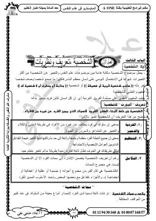 22‫أ‬‫علي‬ ‫حنفي‬ ‫عالء‬ /
‫اىْفظ‬ ٌ‫ػي‬ ٜ‫ف‬ ٗ‫اىَبٝغزش‬
ٜ‫ػي‬ٜ‫دْف‬‫ػالء‬/ٗ‫اىَبٝغزش‬(‫ٝ٘عف‬٘‫اث‬
‫اىؼبٍخ‬‫اىثبّ٘ٝخ‬‫ثج٘اثخ‬‫ٗاىفيغفخ‬‫اىْفظ‬ٌ‫ػي‬‫ٍششف‬
01119430160 & 01000716857
‫ثقْبح‬ ‫اىزؼيَٞٞخ‬ ‫اىجشاٍج‬ ً‫ٍقذ‬A ONEٌٞ‫اىزؼي‬ ‫اخجبس‬ ‫ثَجيخ‬ ‫اىَبدح‬ ‫ٍؼذ‬
:‫انثانث‬ ‫انباب‬
‫الشخصيت‬ :‫أوال‬:
-َ‫أًؼ‬ ٖٓ ‫حُ٘وٜ٤ش‬ ٖ‫ػ‬ َ٤‫ٝحُظؼز‬ ْ‫حُ٘ل‬ ِْ‫ػ‬ ‫ٟٓٞٞػخص‬ ٖ٤‫ر‬ ‫ٛخٓش‬ ‫ٌٓخٗش‬ ‫حُ٘وٜ٤ش‬ ‫ٟٓٞٞع‬ َ‫٣لظ‬
‫ٗوٜخ‬ ‫٣ٜق‬ ‫ٗوٜخ‬ ‫ٗٔٔغ‬ ‫ٓخ‬ ‫كٌؼ٤َح‬ ّ‫حُ٘خ‬ ْ‫ٓؼظ‬ ٕ‫ُٔخ‬ ٠ِ‫ػ‬ ٢ٓٞ٤ُ‫ح‬ ٍ‫ح٫ٓظؼٔخ‬ ٢‫ك‬ ‫ٗ٤ٞػخ‬ ‫حُظؼز٤َحص‬
ٚٗ‫رؤ‬ َ‫آه‬))‫((ػصاحبػذخصغظػشوغظػأوػضطغغظػ‬‫ٗوٜ٤ش‬ ٝ‫أ‬))‫((ػجذابظػأوػطظغرهػأوػالػذخصغظػضهػ‬
‫ُِ٘وٜ٤ش‬ ٢ِٔ‫حُؼ‬ ّٜٞ‫حُٔل‬
ٚ‫رٌحط‬ ِ٤ٔ‫ٓظ‬ ‫كَ٣ي‬ ٖ‫ًخث‬ ٕ‫حٗٔخ‬ ًَ ٕ‫ح‬ ١‫أ‬ ‫حُلَى٣ش‬ ‫حُلَٝم‬ ‫ِٓٔٔش‬ ٢ِ‫ػ‬ ٢ِٔ‫حُؼ‬ ّٜٞ‫حُٔل‬ ‫٣ؼظٔي‬
" ‫تعزيف‬‫أنبىرت‬‫نهشخصية‬ "
‫"ػاضذخصغظػعيػ‬.‫ذضكػاضبظاءػاضصضيػػاضغرغدػػضضدطاتػاضذيػغطغزػاضغردػرنػزغرهػطنػاالسرادػ‬
‫٣ظ‬: ٢‫رخ٫ط‬ ِ٤ٔ‫طظ‬ ‫حُ٘وٜ٤ش‬ ٕ‫أ‬ ‫حُظؼَ٣ق‬ ‫ٌٛح‬ ٖٓ ‫٠ق‬
(1‫انفشدٚخ‬ )
‫ٔانتًٛض‬
ّ٬ٌُ‫ٝح‬ ٢ُ٘ٔ‫ح‬ ‫١َ٣وش‬ ٢‫ك‬ ‫ح٧كَحى‬ ٖٓ َٙ٤‫ؿ‬ ٖ‫ػ‬ ‫٣وظِق‬ ‫كَى‬ ١‫أ‬ ‫ِٓٞى‬ ٕ‫ا‬ ٠٘‫رٔؼ‬
َُٝٔ‫ٝح‬ َ‫حُٔ٘خػ‬ ٖ‫ػ‬ َ٤‫ٝحُظؼز‬ٍ. ٕ‫حُؼيٝح‬ ٝ‫أ‬
(2‫انتُظٛى‬ )‫ٓ٘ظٔش‬ ‫حُلَى‬ ‫أٗ٘طش‬ ‫ؿٔ٤غ‬ ٕ‫أ‬ ٠٘‫رٔؼ‬‫ٝٓظٔوش‬ِ‫هخر‬ ‫ٌُٜٝ٘خ‬ ‫ٓخ‬ ‫كي‬ ٠ُ‫ا‬ ‫ٝػخرظش‬‫ٗظ٤ـش‬ َ٤‫ُِظـ‬ ‫ش‬َ‫حُظلخػ‬
‫ٝح٫ؿظٔخػ٤ش‬‫حُ٘وٜ٤ش‬ َٓ‫حُؼٞح‬ ٖ٤‫ر‬ ْ‫حُيحث‬
‫ٍثبه‬‫ؿ٤ي‬ ِْ‫رظؼ‬ َ٤‫طظـ‬ ُْ ‫ٓخ‬ ‫١ٞ٣ِش‬ ‫ُٓ٘٤ش‬ ‫ُلظَس‬ ‫ػخرظش‬ َ‫طظ‬ ‫حُوٞف‬ ٢‫ك‬ ‫١َ٣وظي‬
3‫انتكبيم‬ )ٕ‫أ‬ ٫‫ا‬ ‫حُلَى‬ ‫ٓٔخص‬ ٠ُ‫ا‬ ‫ح٩ٗخٍس‬ ٖٔ٠‫٣ظ‬ ‫حُ٘وٜ٤ش‬ ‫طؼَ٣ق‬ ٕ‫أ‬ ْ‫ٍؿ‬‫حُ٘وٜ٤ش‬
‫حُٔٔخص‬ ‫ٓـٔٞع‬ ٢ٛ ‫ُ٤ٔض‬
‫كخُ٘وٜ٤ش‬٢ٛٓ َ‫أًز‬ ًَٚ‫أؿِحث‬ ‫ٓـٔٞع‬ ٖٝ‫أ‬ ‫حٗلؼخُ٤ش‬ ٝ‫أ‬ ‫ػوِ٤ش‬ ٝ‫أ‬ ‫ؿٔٔ٤ش‬ (
) ‫حؿظٔخػ٤ش‬‫ر‬ ‫ٓغ‬ َ‫طظلخػ‬ ‫ٝح٧ؿِحء‬ ,ِ٤ُٔٔ‫ح‬ ‫ح٧ِٓٞد‬ ‫ٝطليى‬ ٞ‫حُزؼ‬ ‫ؼ٠ٜخ‬‫ُِلَى‬
’’‫انشخصيت‬ ‫مسبث‬‘‘
‫غػصدػبدطاتػاضذخصغظ‬َ٤‫ًز‬ ‫ػيى‬ ٠‫ك‬ ‫حُِٔٞى‬ ٖٓ ‫ٓؼ٤٘ش‬ ‫أٗٞحع‬ ٍ‫٩ٛيح‬ ‫حُلَى‬ ٟ‫ُي‬ ‫ٗٔز٤خ‬ ‫ػخرظش‬ ‫ِٗػخص‬ :
. ‫حُٔوظِلش‬ ‫حُٔٞحهق‬ ٖٓ
 