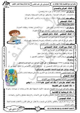 31‫أ‬‫علي‬ ‫حنفي‬ ‫عالء‬ /
‫اىْفظ‬ ٌ‫ػي‬ ٜ‫ف‬ ٗ‫اىَبٝغزش‬
ٜ‫ػي‬ٜ‫دْف‬‫ػالء‬/ٗ‫اىَبٝغزش‬(‫ٝ٘عف‬٘‫اث‬
‫اىؼبٍخ‬‫اىثبّ٘ٝخ‬‫ثج٘اثخ‬‫ٗاىفيغفخ‬‫اىْفظ‬ٌ‫ػي‬‫ٍششف‬
01119430160 & 01000716857
‫ثقْبح‬ ‫اىزؼيَٞٞخ‬ ‫اىجشاٍج‬ ً‫ٍقذ‬A ONEٌٞ‫اىزؼي‬ ‫اخجبس‬ ‫ثَجيخ‬ ‫اىَبدح‬ ‫ٍؼذ‬
4-٘‫ٔاجلغذ‬ ٙ‫احلشك‬ ‫انزكبء‬
‫غتطثلػسي‬ٖٔ٠‫ٝ٣ظ‬ ٚ٘ٓ ‫ؿِء‬ ٝ‫أ‬ ًِٚ ْٔ‫حُـ‬ ّ‫حٓظويح‬:-
‫ح٩ٗخٍحص‬ (-‫حُـٔي٣ش‬ ‫حُلًَخص‬-‫حُٔٞٓ٤و٤ش‬ ‫حُويٍس‬ ‫ٓغ‬ َٜ‫٣ظ‬ ‫ٝهي‬‫ٝؿ٤َٛخ‬)
‫وغظؼرػرظد‬, ١‫ه٤خ‬ ,ٍ‫(ٗـخ‬٢ٟ‫ٍ٣خ‬ ‫ٓيٍد‬ ,ّ‫ٍٓخ‬ , ‫خص‬ّ‫ل‬ٗ)‫ؿَحف‬ ‫١٤ذ‬ ,
5-‫انزكب‬ٗ‫ادلٕعٛم‬ ‫ء‬
‫ىيزمبء‬ ‫ٍغزقال‬ ً‫ب‬‫َّط‬ ‫ٝشنو‬
‫غتطثلػسي‬)‫أ‬ (٠‫رخُٔٞٓ٤و‬ ّ‫ح٩كٔخ‬ ‫ٗيس‬)‫د‬.‫حُٜٞص‬ ‫ٝ١زوخص‬ ‫ر٘ـٔخص‬ ّ‫ح٩كٔخ‬
‫و‬‫غ‬‫ظؼرػضدى‬ٖ٤‫حُؼخُك‬٤٤‫ٝحُٔٞٓ٤و‬ٖ,ٝ٣‫حُِـٞ٣ش‬ ‫حُويٍس‬ ‫ٓغ‬ َ‫ظيحه‬.
6-) ‫انشخص‬ ‫داخم‬ ‫انزكبء‬ ( ٙ‫انشخص‬ ‫انزكبء‬
1-٢ِ‫ػ‬ ‫٣ؼظٔي‬ُ‫ح‬‫ٔؼَكش‬ُ ‫حُيحهِ٤ش‬ُ‫ح‬ ‫ِـٞحٗذ‬‫ُِلَى‬ ‫٘وٜ٤ش‬
2-‫ا‬ ٢‫ك‬ َٜ‫٣ظ‬ٍ‫ى‬‫ح‬‫حُلَى‬ ‫ى‬‫ٝطٔ٤ِٛخ‬ ٚ‫ٝحٗلؼخ٫ط‬ َٙ‫ٓ٘خػ‬‫ٝطٜ٘٤لٜخ‬ًِٚٞٓ ْٜ‫ٝك‬.
‫وغظؼرػرظد‬(,٢ِٔ‫ػ‬ ‫رخكغ‬‫ٓوظَع‬-ٜٚ‫ه‬ ‫ًخطذ‬-ٍ‫أػٔخ‬ َ‫ٍؿ‬)
7-) ٙ‫االجتًبػ‬ ‫انزكبء‬ ( ‫األفشاد‬ ‫ثني‬ ‫انزكبء‬
1-٢ِ‫ػ‬ ‫٣ؼظٔي‬‫ٓؼَكش‬‫ح٧كَحى‬ ٖ٤‫ر‬ ‫حُلَى٣ش‬ ‫حُلَٝم‬
2-‫ٓؼَكش‬َٛ‫ٝٓ٘خػ‬ ْٜ‫ىٝحكؼ‬ْْٜ‫ٓؼ‬ َٛ‫ٝحُظٞح‬ َٓ‫ٝحُظؼخ‬
‫وغظؼرػضدى‬(ٖ٣‫حُي‬ ٍ‫ٍؿخ‬-ٖ٤٤ٓ‫حُٔ٤خ‬ ‫حُوخىس‬-ٖ٤٤ٔ‫حُ٘ل‬ ٖ٤‫حُٔؼخُـ‬)
‫ٍيذ٘ظخ‬ *‫ػ‬‫ػ‬
( ُ‫ج٘ىَب‬ ‫ٗٝؤمذ‬1995Goleman‫ٗاىَزؼيق‬ ‫اىَ٘إت‬ ٍِ ِٞ‫اىْ٘ػ‬ ِٝ‫ٕز‬ ٚ‫ػي‬ ):-
)‫أ‬)) ٢ٜ‫حُ٘و‬ ‫حًٌُخء‬ (( ‫حُلَى‬ َ‫ىحه‬ ‫رخُويٍحص‬)‫د‬‫ح٧ٗوخ‬ ٖ٤‫ر‬ ‫حُويٍحص‬ٙ‫ح‬ ‫ح‬ ‫حًٌُخء‬ (()) ٢‫ؿظٔخػ‬
‫:ػ‬‫غؤصدػجوضطانػرضىػأعطغظػاضذصاءػاضذخصيػواالجتطاريػ‬‫؟‬‫ػ‬
‫ًُي‬ٝ ‫رخُظؼخ١ق‬ ٍٞ‫حُ٘ؼ‬ ‫٧ٛٔ٤ش‬ُ‫ٌُحط٘خ‬ ‫ٓؼَكظ٘خ‬ ٠ِ‫ػ‬ ‫ر٘خء‬ ٖ٣َ‫ح٥ه‬ ‫ٓغ‬ َٛ‫ِظٞح‬ٖ٣َ‫ٝح٥ه‬.
‫االَفؼبيل‬ ‫انزكبء‬
.)‫األفراد‬‫بني‬‫والذكاء‬‫الشخصي‬‫الذكاء‬ (‫بني‬‫اجلمع‬
‫جبس‬ ‫أضبف‬ ‫ٔقذ‬‫د‬‫َش‬3‫عبو‬ ٖ‫أخش‬ ‫ركبءاث‬9111/0222ْٔٗ
8-‫انغجٛؼخ‬ ٗ‫ػه‬ ‫انتؼشف‬ ‫ركبء‬
‫حُٔل٤طش‬ ‫ح٧ٗ٤خء‬ ‫ٝطٜ٘٤ق‬ ‫حُطز٤ؼش‬ ‫ىٍحٓش‬ ٢‫ك‬ ‫رخُٔٞحٛذ‬ ‫ٝ٣ظؼِن‬‫ىهش‬ ٌَ‫ر‬‫ٗزخطخص‬ ٖٓ‫أ‬ٝ‫ٝؿ٤َٛخ‬ ‫ك٤ٞحٗخص‬
9-‫اإلذلبيٛخ‬ ٔ‫أ‬ ‫انشٔحبَٛخ‬ ‫ركبء‬
ٕ‫ٝح٩٣ٔخ‬ ‫ح٫ػظوخى‬ ‫روٞس‬ ٢‫ٝ٣َطز‬‫رخُوخُن‬‫ح٧كيحع‬ ٠ِ‫ػ‬ ‫ٝطؤػ٤َٛخ‬‫ٝحُؼزخىحص‬ ٕ‫ٝح٧ى٣خ‬ ‫رخُوخُن‬ ١‫ٝح٫ٍطزخ‬.
11-٘‫انٕجٕد‬ ‫انزكبء‬
ٌُٕٞ‫ح‬ ‫هِن‬ ٠‫ك‬ ُ‫ٝح٩ػـخ‬ ‫حُٞؿٞى‬ ٠‫ك‬ َٓ‫ٝحُظؤ‬ َ٤ٌ‫ٝحُظل‬ ‫حُٞؿٞى‬ ِْ‫ػ‬ ‫ىٍحٓش‬ ٞٛٝ‫حُل٤خس‬ ‫رو٠خ٣خ‬ ّ‫ٝح٫ٛظٔخ‬
‫ٝحُٔزخىة‬ ْ٤‫ٝحُو‬
 