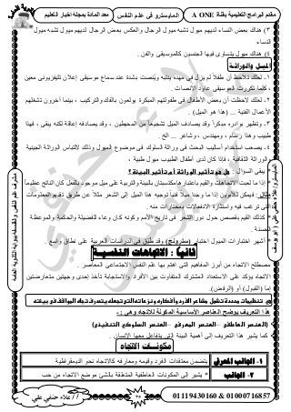 35‫أ‬‫علي‬ ‫حنفي‬ ‫عالء‬ /
‫اىْفظ‬ ٌ‫ػي‬ ٜ‫ف‬ ٗ‫اىَبٝغزش‬
ٜ‫ػي‬ٜ‫دْف‬‫ػالء‬/ٗ‫اىَبٝغزش‬(‫ٝ٘عف‬٘‫اث‬
‫اىؼبٍخ‬‫اىثبّ٘ٝخ‬‫ثج٘اثخ‬‫ٗاىفيغفخ‬‫اىْفظ‬ٌ‫ػي‬‫ٍششف‬
01119430160 & 01000716857
‫ثقْبح‬ ‫اىزؼيَٞٞخ‬ ‫اىجشاٍج‬ ً‫ٍقذ‬A ONEٌٞ‫اىزؼي‬ ‫اخجبس‬ ‫ثَجيخ‬ ‫اىَبدح‬ ‫ٍؼذ‬
3ٌْ‫ٝحُؼ‬ ٍ‫حَُؿخ‬ ٍٞ٤ٓ ٚ‫ط٘ز‬ ٍٞ٤ٓ ْٜ٣‫ُي‬ ‫حُ٘ٔخء‬ ٞ‫رؼ‬ ‫ٛ٘خى‬ )ٞ‫رؼ‬ٍ‫حَُؿخ‬ٍٞ٤ٓ ٚ‫ط٘ز‬ ٍٞ٤ٓ ْٜ٣‫ُي‬
‫حُ٘ٔخء‬
4). ٖ‫ٝحُل‬ ٠‫ًخُٔٞٓ٤و‬ ٖ٤ٔ٘‫حُـ‬ ‫ك٤ٜخ‬ ٟٝ‫٣ظٔخ‬ ٍٞ٤ٓ ‫ٛ٘خى‬
‫وانىراثـت‬ ‫ادلُـم‬
1-ٖ٤‫ٓؼ‬ ٠ٗٞ٣ِ‫طِ٤ل‬ ٕ٬‫اػ‬ ٠‫ٓٞٓ٤و‬ ‫ٓٔخع‬ ‫ػ٘ي‬ ‫ر٘يس‬ ‫ُٜ٘ض‬٣ٝ ٚ‫٣٘ظز‬ ٙ‫ٜٓي‬ ٠‫ك‬ ٍِ٣ ُْ ً٬‫١ل‬ ٕ‫أ‬ ‫ط٬كع‬ ‫ُؼِي‬
. ‫ح٩ٜٗخص‬ ‫ػخٝى‬ ٠‫حُٔٞٓ٤و‬ ‫طٌٍَص‬ ‫ًِٔخ‬ ,
2-ٞ‫٣ُٞؼ‬ ‫حُٔزٌَس‬ ْٜ‫١لُٞظ‬ ٠‫ك‬ ٍ‫ح٧١لخ‬ ٞ‫رؼ‬ ٕ‫أ‬ ‫٫كظض‬ ‫ُؼِي‬ِْٜ‫ط٘ـ‬ َٕٝ‫آه‬ ‫ر٤٘ٔخ‬ , ‫ٝحُظًَ٤ذ‬ ‫رخُلي‬ ٕ
. )َ٤ُٔ‫ح‬ ٞٛ ‫(ٌٛح‬ ... ‫حُل٘٤ش‬ ٍ‫ح٧ػٔخ‬
3-‫كٌٜح‬ , ٠‫٣زو‬ ٌُٚ٘ ‫اػخهش‬ ٚ‫٣ٜخىك‬ ‫ٝهي‬ , ٖ٤‫حُٔل٤ط‬ ٖٓ ً‫خ‬‫ط٘ـ٤ؼ‬ َ٤ُٔ‫ح‬ ‫٣ٜخىف‬ ‫ٝهي‬ ً‫ح‬ٌَ‫ٓز‬ ٍٙ‫رٞحى‬ َٜ‫ٝطظ‬
. ‫حُن‬ ... َ‫ٝٗخػ‬ , ّ‫ٜٝٓ٘ي‬ , ّ‫ٍٓخ‬ ‫ٌٝٛح‬ ‫١ز٤ذ‬
4-‫حُِٔٞى‬ ‫ٍٝحػش‬ ٠‫ك‬ ‫حُزلغ‬ ‫أٓخُ٤ذ‬ ّ‫حٓظويح‬ ‫٣ٜؼذ‬‫حُـ٤٘٤ش‬ ‫حٍُٞحػش‬ ّ‫٫ُظزخ‬ ‫ًُٝي‬ ٍٞ٤ُٔ‫ح‬ ‫ٟٓٞٞع‬ ٠‫ك‬
, ‫١ز٤ش‬ ٍٞ٤ٓ ‫حُطز٤ذ‬ ٍ‫أ١لخ‬ ٟ‫ُي‬ ٕ‫ًخ‬ ‫كبًح‬ , ‫حُؼوخك٤ش‬ ‫ٝحٍُٞحػش‬
*: ٍ‫حُٔئح‬ ٠‫٣زو‬‫علػعوػتأثغرػاضوراثظػأمػتأثغرػاضبغئظػ؟‬
*َ٤ٓ ٠ِ‫ػ‬ ‫ٝحُظَر٤ش‬ ‫رخُز٤جش‬ ٕ‫ٌٓظٔزظخ‬ ‫رخػظزخٍٛخ‬ ْ٤‫ٝحُو‬ ‫ح٫طـخٛخص‬ ‫ُؼزض‬ ‫ٓخ‬ ‫اًح‬‫حُ٘خطؾ‬ ٕ‫ًخ‬ َ‫رخُلؼ‬ ‫ٓٞؿٞى‬ً‫خ‬ٔ٤‫ػظ‬
‫ٍثبه‬‫حُٔؼِٞٓخص‬ ْ٣‫طوي‬ ‫١َ٣ن‬ ٖ‫ػ‬ ً٬‫ٓؼ‬ َ‫ِؼ‬ُ٘‫ح‬ ٠ُ‫ا‬ َ٤ُٔ‫ح‬ ‫ٌٛح‬ ٚ٤‫طٞؿ‬ً‫خ‬٤٘‫ك‬ ً٬٤ٓ ‫ٝؿيح‬ ‫ٓخ‬ ‫اًح‬ ٖ٣ٞ‫ُ٨ر‬ ٌٖٔ٤‫ك‬ :
. ٚ٘ٓ ‫رٔوظخٍحص‬ ‫ح٫ٗلؼخ٫ص‬ ‫ٝحٓظؼخٍس‬ ٚ٤‫ك‬ ‫طَؿذ‬ ٠‫حُظ‬
*‫ٝحُٔٞػظش‬ ‫ٝحُلٌٔش‬ ‫ُِل٠٤ِش‬ ‫ٝػخء‬ ٕ‫ًخ‬ ًٚٗٞٝ ْٓ٧‫ح‬ ‫طخٍ٣ن‬ ٠‫ك‬ َ‫ِؼ‬ُ٘‫ح‬ ٍٝ‫ى‬ ٍٞ‫ك‬ ٜٚ‫رو‬ ْ٤‫حُو‬ ‫ًٌُي‬
. ‫حُلٔ٘ش‬
*ٍ‫حهظزخ‬ ٍٞ٤ُٔ‫ح‬ ‫حهظزخٍحص‬ َٜٗ‫أ‬)‫(عزشّٗج‬. ‫ٝحٓغ‬ ‫ٗطخم‬ ٠ِ‫ػ‬ ‫حُؼَر٤ش‬ ‫حُيٍحٓخص‬ ٠‫ك‬ ‫ن‬ِّ‫ز‬ُ١ ‫ٝهي‬
:
ً
‫ثبنٍب‬‫االجتبهبد‬‫اننفسٍـخ‬
. َٛ‫حُٔؼخ‬ ٠‫ح٫ؿظٔخػ‬ ْ‫حُ٘ل‬ ِْ‫ػ‬ ‫رٜخ‬ ْ‫حٛظ‬ ٠‫حُظ‬ ْ٤ٛ‫حُٔلخ‬ َُ‫أر‬ ٖٓ ٙ‫ح٫طـخ‬ ‫ٜٓطِق‬
‫ٝح٫ٓظـخر‬ ‫ح٧كَحى‬ ٖ٤‫ر‬ ‫حُٔظلخٝص‬ ‫حُٔ٘ظَى‬ ‫ح٫ٓظؼيحى‬ ٠ِ‫ػ‬ ‫٣ئًي‬ ٙ‫ح٫طـخ‬‫ٓظ‬ ٖ٤‫ٝؿٜظ‬ ٟ‫اكي‬ ٌ‫طؤه‬ ‫ش‬ٖ٤‫ؼخٍٟظ‬
)ٞ‫(حَُك‬ ٝ‫أ‬ )ٍٞ‫(حُوز‬ ‫آخ‬.
‫عي‬‫ػ‬‫تظظغطاتػطحددةػتذطلػطذاررػاضغردػوأسصارهػوظزراتهػاضتىػتجطضهػغتصرفػتجاهػاضطواشفػسىػبغئته‬
: ٕٚٗ ٓ‫ىالرجب‬ ‫اىَنّ٘خ‬ ‫األعبعٞخ‬ ‫اىؼْبطش‬ ‫ٝ٘ػخ‬ ‫اىزؼشٝف‬ ‫ٕزا‬-
‫(اضطظصرػاضطاطغىػ‬–‫ػ‬‫اضطظصرػاضططرسىػ‬–‫ػ‬‫اضطظصرػاضدضوصيػاضتظغ‬)‫غذى‬‫ػ‬
. ٕ‫ح٩ٗٔخ‬ ‫ٓؼٜخ‬ َ‫٣ظلخػ‬ ٠‫حُظ‬ ‫حُز٤جش‬ ‫أٛٔ٤ش‬ ٠ُ‫ا‬ ‫حُظؼَ٣ق‬ ‫ٌٛح‬ َ٤٘٣ ‫ًٔخ‬
‫يكىَــاث‬ِ‫االجتا‬
1-‫ادلؼشيف‬ ‫اجلبَت‬‫حُي٣ٔوَح١٤ش‬ ٞ‫ٗل‬ ٙ‫ًخ٫طـخ‬ ٚ‫ٝٓؼخٍك‬ ٚٔ٤‫ٝه‬ ‫حُلَى‬ ‫ٓؼظويحص‬ ٖٔ٠‫٣ظ‬
2-‫اجلبَت‬*‫رخُ٘ت‬ ‫حُٔظؼِوش‬ ‫حُؼخ١ل٤ش‬ ‫حٌُٔٞٗخص‬ ٠ُ‫ا‬ َ٤٘٣‫كذ‬ ٖٓ ٙ‫ح٫طـخ‬ ‫ٟٓٞغ‬
 