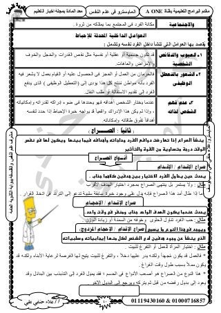 41‫أ‬‫علي‬ ‫حنفي‬ ‫عالء‬ /
‫اىْفظ‬ ٌ‫ػي‬ ٜ‫ف‬ ٗ‫اىَبٝغزش‬
ٜ‫ػي‬ٜ‫دْف‬‫ػالء‬/ٗ‫اىَبٝغزش‬(‫ٝ٘عف‬٘‫اث‬
‫اىؼبٍخ‬‫اىثبّ٘ٝخ‬‫ثج٘اثخ‬‫ٗاىفيغفخ‬‫اىْفظ‬ٌ‫ػي‬‫ٍششف‬
01119430160 & 01000716857
‫ثقْبح‬ ‫اىزؼيَٞٞخ‬ ‫اىجشاٍج‬ ً‫ٍقذ‬A ONEٌٞ‫اىزؼي‬ ‫اخجبس‬ ‫ثَجيخ‬ ‫اىَبدح‬ ‫ٍؼذ‬
‫ٔاالجتًبػٛخ‬. ‫ػَٝس‬ ٖٓ ٌِٚ‫٣ٔظ‬ ‫رٔخ‬ ‫حُٔـظٔغ‬ ٠‫ك‬ ‫حُلَى‬ ‫ٌٓخٗش‬
‫نإلحباغ‬ ‫احملذثت‬ ‫انذاخهُت‬ ‫انؼىايم‬
‫ق‬ُٝ: ‫ٗرشَو‬ ٔ‫ّفغ‬ ‫اىفشد‬ ‫داخو‬ ‫رْشأ‬ ٚ‫اىز‬ ‫اىؼ٘اٍو‬ ‫ثٖب‬ ‫ظذ‬
1‫ٔانُمبئص‬ ‫انؼٕٛة‬ ‫ـ‬
‫انشخصٛخ‬
‫ٝحُوٞف‬ َ‫ٝحُوـ‬ ‫حُويٍحص‬ ٚ‫ٗو‬ َ‫ٓؼ‬ ‫ٗلٔ٤ش‬ ٝ‫أ‬ ‫ػوِ٤ش‬ ٝ‫أ‬ ‫ؿٔٔ٤ش‬ ٌٕٞ‫ط‬ ‫هي‬
‫ٝحُؼخٛخص‬ ٝ‫ٝح٧َٓح‬.
2‫ثبنتؼغم‬ ‫انشؼٕس‬ ‫ـ‬
ٗ‫انٕظٛف‬
٣ ٫ َٔ‫رؼ‬ ّ‫حُو٤خ‬ ٝ‫أ‬ ٚ٤ِ‫ػ‬ ٍٜٞ‫حُل‬ ٠‫ك‬ ِ‫حُؼـ‬ ٝ‫أ‬ َٔ‫حُؼ‬ ٖٓ ٕ‫كخُلَٓخ‬ٚ٤‫ك‬ َ‫٘ؼ‬
‫٣يكغ‬ ٌُٟ‫ح‬ ) ٠‫حُٞظ٤ل‬ َ٤‫(حُظؼط‬ ٠ُ‫ا‬ ٟ‫٣ئى‬ ‫ٌٛح‬ ًَ ‫٘ظؾ‬ُٓ ٖ١‫ٓٞح‬ ٚٗ‫رؤ‬ ‫حُلَى‬
َ‫حُ٘و‬ ‫١ِذ‬ ٝ‫أ‬ ‫ح٫ٓظوخُش‬ ْ٣‫طوي‬ ٠ُ‫ا‬ ‫حُلَى‬.
3‫فٓى‬ ‫ػذو‬ ‫ـ‬
ّ‫نزات‬ ‫انشخص‬
ٚ‫ٝآٌخٗ٤خط‬ ٚ‫ُويٍحط‬ ًٚ‫اىٍح‬ ‫ٟٞء‬ ٠‫ك‬ ‫٣ليىٛخ‬ ٜٞ‫ك‬ ٚ‫أٛيحك‬ ٚ‫حُ٘و‬ ٍ‫٣وظخ‬ ‫ػ٘يٓخ‬
ٚ‫٣ٞحؿ‬ ‫هي‬ ً‫خ‬٤‫ٝحهؼ‬ ‫ح٩ىٍحى‬ ‫ٌٛح‬ ٌٖ٣ ُْ ‫ٝاًح‬ ,ٚٔ‫ُ٘ل‬ ‫كيى‬ ‫اًح‬ ١‫ح٩كزخ‬ ‫هزَس‬
ٚ‫ٝآٌخٗخط‬ ٚ‫١خهخط‬ ‫ٞم‬ُ‫ل‬‫ط‬ ً‫خ‬‫أٛيحك‬.
(‫انصــــزاع‬ :
ً
‫ثاَُا‬)
‫غظذأػاضصراعػإذاػتطارضتػدواسعػاضغردػوحاجاتهػوأعداسه‬‫ػ‬‫سغطاػبغظؼاػ‬‫ػ‬‫وغصونػضؼاػسىػظغسػ‬
‫اضوشتػدرجظػطتداوغظػطنػاضػوةػواضتأثغر‬
‫انصــزاع‬ ‫أَــىاع‬
‫اإلقـذاو‬ / ‫اإلقـذاو‬ ‫صزاع‬
‫غحدث‬‫ػ‬.‫حغنػغحاولػاضغردػاالختغارػبغنػعدسغنػصالعطاػجذابػ‬‫ػ‬
‫ٍثبه‬:‫ح٧هَد‬ ‫حُٜيف‬ ٍ‫حهظ٤خ‬ ‫رٔـَى‬ ‫حَُٜحع‬ ٠ٜ‫٣٘ظ‬ َ‫ر‬ َٔ‫٣ٔظ‬ ٫ٝ
. ٍ‫حُوَح‬ ً‫حطوخ‬ ٠‫ك‬ ‫حُظَىى‬ ٠ُ‫ا‬ ٞ‫طيػ‬ ‫ِٓز٤ش‬ ‫ٓخروش‬ ‫هزَس‬ ‫ٝؿٞى‬ ٠ِ‫ػ‬ ٍ‫٣ي‬ ٚٗ‫كب‬ ‫حَُٜحع‬ ‫ٌٛح‬ ‫أٓي‬ ٍ‫١خ‬ ‫اًح‬ ‫أٓخ‬
‫اإلحجـبو‬ / ‫اإلقـذاو‬ ‫صزاع‬
‫غحدثػرظدطاػغصونػاضؼدف‬‫ػ‬‫اضواحدػجذابػوطظغرػسىػوشتػواحدػ.ػ‬‫ػ‬
‫ٍثبه‬ٖٓ ٚ‫ٝهٞك‬ ِٟٞ‫حُل‬ ٍٝ‫ط٘خ‬ ‫حُلَى‬ ‫كذ‬ :. ُُٕٞ‫ح‬ ‫ُ٣خىس‬ ٝ‫أ‬ ‫حُٔٔ٘ش‬
‫وغوجدػسىػعذاػاضظوعػطاػغدطىػ‬)‫املزدوج‬ ‫اإلحجبو‬ / ‫اإلقذاو‬ ‫(صزاع‬
‫اضذىػغظذأػرنػوجودػعدسغنػضدىػاضذخصػضصلػطظؼاػإغجابغاتهػودضبغاته‬
‫ٍثبه‬‫حُظ‬ ٝ‫أ‬ َٔ‫ُِؼ‬ ‫حَُٔأس‬ ٍ‫حهظ٤خ‬ :. ‫ُِز٤ض‬ ‫لَؽ‬
*‫هي‬ ٌُٚ٘ٝ ‫ح٧ر٘خء‬ ‫َُػخ٣ش‬ ‫حُلَٛش‬ ‫ُٜخ‬ ‫٣ظ٤ق‬ ‫ُِز٤ض‬ ‫ٝحُظلَؽ‬ , ً٬‫ىه‬ ‫ػِ٤ٜخ‬ ٍ‫٣ي‬ ٌُٚ٘ٝ ً‫ح‬‫ـٜي‬ُٓ ٌٕٞ٣ ‫هي‬ َٔ‫كخُؼ‬
. ‫حُلَحؽ‬ ‫ٝهض‬ ٍٞ١ ‫رٔزذ‬ ً٬ٔٓ ٌٕٞ٣
*‫ٝهي‬ َ‫حُزيحث‬ ٖ٤‫ر‬ ‫حُظٌرٌد‬ ٠ُ‫ا‬ ‫حُلَى‬ َ٤ٔ٣ ‫كوي‬ ‫؛‬ ْٔ‫حُل‬ ٠‫ك‬ ‫ح٧ٗٞحع‬ ‫أٛؼذ‬ ٞٛ ‫حَُٜحع‬ ٖٓ ‫حُ٘ٞع‬ ‫ٌٛح‬
ٍ َ٣‫ري‬ ٠ُ‫ا‬ ‫٣ؼٞى‬. َ‫ح٥ه‬ َ٣‫حُزي‬ ٠ُ‫ا‬ ‫ٝ٣َؿغ‬ ًَٚ‫٣ظ‬ ْ‫ػ‬ َ‫هز‬ ٖٓ ٚ٠‫ك‬
 