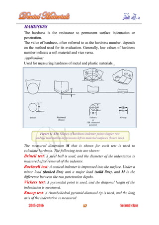 The hardness is the resistance to permanent surface indentation or
penetration.
The value of hardness, often referred to as the hardness number, depends
on the method used for its evaluation. Generally, low values of hardness
number indicate a soft material and vice versa.
Used for measuring hardness of metal and plastic materials.
Figure (1-15): Shapes of hardness indenter points (upper row
and the indentation depressions left in material surfaces (lower row).
The measured dimension M that is shown for each test is used to
calculate hardness. The following tests are shown:
Brinell test: A steel ball is used, and the diameter of the indentation is
measured after removal of the indenter.
Rockwell test: A conical indenter is impressed into the surface. Under a
minor load (dashed line) anti a major load (solid line), and M is the
difference between the two penetration depths.
Vickers test: A pyramidal point is used, and the diagonal length of the
indentation is measured.
Knoop test: A rhombohedral pyramid diamond tip is used, and the long
axis of the indentation is measured.
 