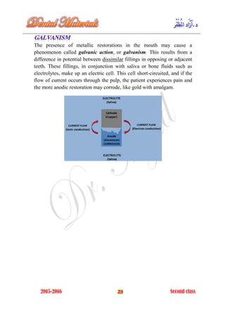 The presence of metallic restorations in the mouth may cause a
phenomenon called galvanic action, or galvanism. This results from a
difference in potential between dissimilar fillings in opposing or adjacent
teeth. These fillings, in conjunction with saliva or bone fluids such as
electrolytes, make up an electric cell. This cell short-circuited, and if the
flow of current occurs through the pulp, the patient experiences pain and
the more anodic restoration may corrode, like gold with amalgam.
 