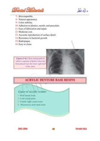7- Biocompatible.
8- Natural appearance.
9- Color stability.
10- Adhesion to plastics, metals, and porcelain.
11- Ease of fabrication and repair.
12- Moderate cost.
13- Accurate reproduction of surface detail.
14- Resistance to bacterial growth.
15- Radiopaque.
16- Easy to clean.
1- Heat cured resin.
2- Cold cured resin.
3- Visible light cured resin.
4- Microwave activated resin.
Figure (3-4): Chest radiographs in
which a segment of denture base has
been placed over the lower right half
of the chest.
 