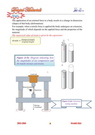 Strain
The application of an external force to a body results in a change in dimension
(shape) of that body (deformation).
For example, when a tensile force is applied the body undergoes an extension,
the magnitude of which depends on the applied force and the properties of the
material.
The numerical value of strain is given by the expression:
Figure (1-5): Diagram indicating how
the magnitudes of (a) compressive and
(b) tensile stresses and strains.
Figure (1-6): Universal
testing machine
 