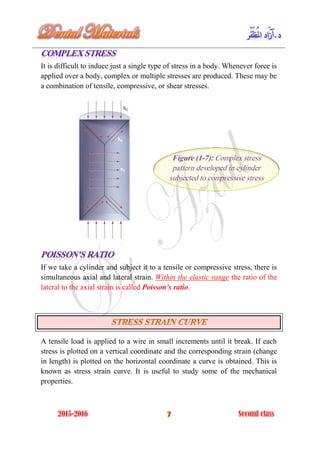 It is difficult to induce just a single type of stress in a body. Whenever force is
applied over a body, complex or multiple stresses are produced. These may be
a combination of tensile, compressive, or shear stresses.
If we take a cylinder and subject it to a tensile or compressive stress, there is
simultaneous axial and lateral strain. Within the elastic range the ratio of the
lateral to the axial strain is called Poisson's ratio.
A tensile load is applied to a wire in small increments until it break. If each
stress is plotted on a vertical coordinate and the corresponding strain (change
in length) is plotted on the horizontal coordinate a curve is obtained. This is
known as stress strain curve. It is useful to study some of the mechanical
properties.
Figure (1-7): Complex stress
pattern developed in cylinder
subjected to compressive stress
 