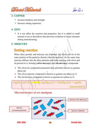 Increase hardness and strength.
Increase setting expansion.
It is not affect the reaction and properties, but it is added in small
amount to act as deoxidizer thus prevents oxidation of major elements
during manufacturing.
When alloy powder and mercury are triturated, the silver and tin in the
outer portion of the particles dissolve into the mercury. At the same time
mercury diffuses into the alloy particles and starts reacting with silver and
tin present in it, forming (silver-mercury) and (tin-mercury) compounds.
 The silver-tin compound (unreacted alloy powders) known as gamma
phase (γ).
 The silver-mercury compound is known as gamma one phase (γ 1).
 The tin-mercury compound is known as gamma two phase (γ 2).
Gamma
(Unreacted particle)
Gamma 2 (Tin-Mercury)
Gamma 1 (Matrix)
 