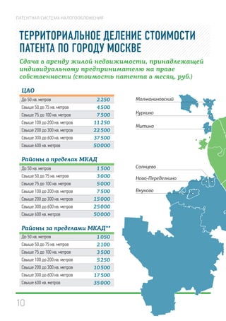 10
ПАТЕНТНАЯ СИСТЕМА НАЛОГООБЛОЖЕНИЯ
Районы за пределами МКАД**
До 50 кв. метров 1 050
Свыше 50 до 75 кв. метров 2 100
Свыше 75 до 100 кв. метров 3 500
Свыше 100 до 200 кв. метров 5 250
Свыше 200 до 300 кв. метров 10 500
Свыше 300 до 600 кв. метров 17 500
Свыше 600 кв. метров 35 000
Сдача в аренду жилой недвижимости, принадлежащей
индивидуальному предпринимателю на праве
собственности (стоимость патента в месяц, руб.)
ТЕРРИТОРИАЛЬНОЕ ДЕЛЕНИЕ СТОИМОСТИ
ПАТЕНТА ПО ГОРОДУ МОСКВЕ
ЦАО
До 50 кв. метров 2 250
Свыше 50 до 75 кв. метров 4 500
Свыше 75 до 100 кв. метров 7 500
Свыше 100 до 200 кв. метров 11 250
Свыше 200 до 300 кв. метров 22 500
Свыше 300 до 600 кв. метров 37 500
Свыше 600 кв. метров 50 000
Районы в пределах МКАД
До 50 кв. метров 1 500
Свыше 50 до 75 кв. метров 3 000
Свыше 75 до 100 кв. метров 5 000
Свыше 100 до 200 кв. метров 7 500
Свыше 200 до 300 кв. метров 15 000
Свыше 300 до 600 кв. метров 25 000
Свыше 600 кв. метров 50 000
Солнцево
Ново-Переделкино
Внуково
Куркино
Молжаниновский
Митино
 