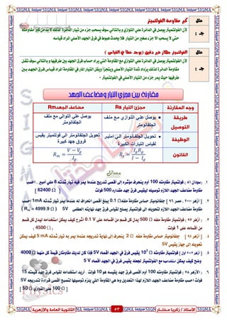 ٍ ‫صمشٝب‬ / ‫األعزبر‬‫ـ‬‫خز‬‫ــ‬‫بس‬ٍ‫اىؼب‬ ‫اىضبّ٘ٝخ‬‫ٗاألصٕشٝخ‬ ‫خ‬ 53 ٍ ‫صمشٝب‬ / ‫األعزبر‬‫ـ‬‫خز‬‫ــ‬‫بس‬‫ٗاألصٕشٝخ‬ ‫اىؼبٍخ‬ ‫اىضبّ٘ٝخ‬ 53
‫اىَقبسّخ‬ ٔ‫ٗع‬‫اىزٞبس‬ ‫ٍجضئ‬Rs‫اىجٖذ‬ ‫ٍعبػف‬Rm
‫ؼشٝقخ‬
‫اىز٘صٞو‬
‫يهةف‬ ‫يةغ‬ ‫انرةٕاصي‬ ً‫ػهة‬ ‫ٌٕصم‬
‫انجهفإَيرش‬
‫يهف‬ ‫يغ‬ ً‫انرٕان‬ ً‫ػه‬ ‫ٌٕصم‬
‫انجهفإَيرش‬
‫اى٘ظٞزخ‬
‫ةش‬‫ة‬ٍ‫اير‬ ً‫ة‬‫ة‬‫ان‬ ‫ةإَيرش‬‫ة‬‫انجهف‬ ‫ةم‬‫ة‬ٌٕ‫ذح‬
‫انكثٍشج‬ ‫انرٍاساخ‬ ‫نقٍاط‬
‫فٕنرًٍرش‬ ً‫ان‬ ‫انجهفإَيرش‬ ‫ذحٌٕم‬‫ٌقٍظ‬
‫كثٍشج‬ ‫جٓذ‬ ‫فشٔق‬
ُّ٘‫اىقب‬
‫وطائن‬
1.(ٕ‫ضٛدا‬81)٘‫َكاَٚت‬ ‫فٛيتُٝرت‬100٘‫غدت‬ ‫تٝاز‬ ٘ٝ‫ف‬ ‫ميس‬ ‫عٓدَا‬ ‫تدزٜر‬ ٢‫أقص‬ ‫إىل‬ ٙ‫َ٪غس‬ ‫ٜٓشسف‬ ّٚ‫أ‬8ًًَٞ‫اسطب‬ ‫ظ‬ ‫أَبري‬
ٗ‫د‬ ‫فسم‬ ‫يٝكٝظ‬ ً٘ٝ‫تٛص‬ ّ‫اي٬ش‬ ‫ادتٗد‬ ‫َطاعف‬ ١َٚ‫َكا‬ٙ‫َكداز‬ ‫د‬500‫فٛيت‬‫ط‬62400 Ω‫ص‬
2.‫أشٖس‬ ‫ط‬2000‫َصس‬ ،96‫ص‬‫دًفاَْٛٝرت‬٘‫ًَف‬ ١َٚ‫َكا‬ ‫سطاع‬0.1 Ω‫أقص‬ ‫ٜبًؼ‬٢٘‫غدت‬ ‫تٝاز‬ ‫ميس‬ ‫عٓدَا‬ ٘‫ي‬ ‫اضتساف‬1mA‫اسطب‬
‫ادتٗد‬ ‫َطاعف‬ ١َٚ‫َكا‬٢ُ‫ايعع‬ ٘‫ْٗاٜت‬ ‫دٗد‬ ‫فسم‬ ‫يكٝاع‬ ‫ٜصًض‬ ‫فٛيتُٝرت‬ ‫اىل‬ ًٜ٘ٛ‫يتش‬ ّ‫اي٬ش‬( Rm = 4999.9 Ω ) 5V
3.‫أشٖس‬ (97)٘‫ًَف‬ ١َٚ‫َكا‬ ‫فٛيتُٝرت‬500 Ω٢ً‫ع‬ َ٘‫أقطا‬ َٔ ِ‫قط‬ ٌ‫ن‬ ٍ‫ٜد‬0.1 Vٔ‫ميه‬ ‫نٝف‬ ‫اغسغ‬ِ‫قط‬ ٌ‫ن‬ ٍ‫يٝد‬ َ٘‫اضتؼدا‬
٢ً‫ع‬ َ٘‫أقطا‬ َٔ1‫فٛيت‬(4500 Ω)
4.‫أشٖس‬ ‫ط‬95‫ص‬‫دًفاَْٛٝرت‬٘‫ًَف‬ ١َٚ‫َكا‬ ‫سطاع‬2 Ω٘‫غدت‬ ‫تٝاز‬ ٘‫ب‬ ‫ميس‬ ‫عٓدَا‬ ٘‫تدزجي‬ ١ٜ‫ْٗا‬ ‫إىل‬ ‫ٜٓشسف‬5 mAٔ‫ميه‬ ‫نٝف‬
‫ٜكٝظ‬ ‫دٗاش‬ ‫إىل‬ ًٜ٘ٛ‫حت‬5V
5.‫أشٖس‬ ‫ط‬2003‫ص‬ ٍٚ‫أ‬٘‫َكاَٚت‬ ‫فٛيتُٝرت‬103
Ω‫يف‬ ‫فسم‬ ‫ٜكٝظ‬ٙ‫أقصا‬ ‫ادتٗد‬5Vٌ‫ن‬ ١ُٝ‫ق‬ ٕ‫َكاَٚتا‬ ‫يدٜو‬ ٕ‫نا‬ ‫فإذا‬‫َُٓٗا‬4000 Ω
ٔ‫ميه‬ ‫نٝف‬ ‫ٚضض‬‫اضتؼداَُٗا‬‫يف‬ ‫فسم‬ ‫ٜكٝظ‬ ً٘‫دتع‬ ‫ايفٛيتُٝرت‬ ‫َع‬ٙ‫أقصا‬ ‫ادتٗد‬5 V
6.(‫ا٭شٖس‬78)٘‫َكاَٚت‬ ‫فٛيتُٝرت‬100ٖٛ ٘‫ٜكٝط‬ ‫دٗد‬ ‫فسم‬ ٢‫أقص‬ ّٚ‫أ‬10٘‫قُٝت‬ ‫دٗد‬ ‫فسم‬ ‫يكٝاع‬ َ٘‫اضتؼدا‬ ‫أزٜد‬ . ‫فٛيت‬15
‫املكا‬ ٖٞ ‫َٚا‬ ٌٜ‫ايتعد‬ ‫هلرا‬ ّ‫اي٬ش‬ ‫ادتٗد‬ ‫َطاعف‬ ١َٚ‫َكا‬ ‫اسطب‬ ‫فٛيت‬١َٚ‫اييت‬٘‫يتدزجي‬ ٠٤‫قسا‬ ٢‫أقص‬ ‫يتصبض‬ ‫تٛصًٝٗا‬ ّ‫ًٜص‬5V
‫ط‬100 Ωً‫ع‬٢ٟ‫ايتٛاش‬،50 Ω‫ص‬
ًٌ‫ع‬‫نرب‬َٚ‫َكا‬‫اي‬ ١‫فٛيتُٝرت‬
: ‫دــ‬ٕ‫أل‬‫ايفٛيتُٝرت‬ًٞ‫ع‬٠‫ايدا٥س‬‫يف‬ٌ‫ٜٛص‬ٟ‫ايتٛاش‬ٞ‫بايتاي‬ٚ٠‫ايدا٥س‬‫تٝاز‬َٔ٤‫دص‬‫ٜطشب‬‫ضٛف‬َٔ‫بد‬‫ال‬‫يريو‬‫نرب‬٘‫َكاَٚت‬
‫ايتٝاز‬َٔ‫صػري‬٤‫دص‬‫اال‬‫ٜطشب‬‫ال‬‫سيت‬‫فال‬‫ادتٗد‬‫فسم‬‫يف‬‫ٖبٛط‬‫حيدخ‬٘‫قٝاض‬‫املساد‬ًٞ‫األص‬
ًٌ‫ع‬‫يف‬ ‫خطأ‬ ‫(ٜٛدد‬ ‫دقٝل‬ ‫غري‬ ‫دٗاش‬ ‫ايفٛيتُٝرت‬) ‫ايكٝاع‬
: ‫دــ‬
‫اي‬ٕ‫أل‬‫فٛيتُٝرت‬ًٞ‫ع‬٠‫ايدا٥س‬‫يف‬ٌ‫ٜٛص‬‫طسفٝٗا‬‫بني‬‫ادتٗد‬‫فسم‬‫سطاب‬‫ٜساد‬‫اييت‬١َٚ‫املكا‬‫َع‬ٟ‫ايتٛاش‬ٞ‫بايتاي‬ٌٚ‫تكغ‬‫ضٛف‬
‫يريو‬٠‫ايدا٥س‬١َٚ‫َكا‬‫ٜصداد‬ًٞ‫األص‬‫ايتٝاز‬٠‫غد‬١َٚ‫املكا‬‫يف‬‫املاز‬‫ايتٝاز‬ٌ‫ٜٚك‬‫ٜٚتذصأ‬‫قٝغاع‬‫املساد‬‫بغني‬‫ادتٗغد‬‫فغسم‬
َٔ٤‫دص‬‫ميس‬‫سٝح‬‫طسفٝٗا‬‫ايفٛيتُٝرت‬‫يف‬ًٞ‫األص‬‫ايتٝاز‬1
 