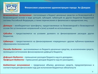4
Безвозмездные поступления - поступающие в бюджет денежные средства на безвозвратной и
безвозмездной основе в виде дотаций, субсидий, субвенций из других бюджетов бюджетной
системы Российской Федерации, а также перечисления от физических и юридических лиц;
Дотации – межбюджетные трансферты, предоставляемые на безвозмездной и безвозвратной
основе без установления направлений и (или) условий их использования;
Субсидии – предоставляются на условиях долевого со финансирования расходов других
бюджетов;
Субвенции – предоставляются на финансирование «переданных» другим публично-правовым
образованиям полномочий;
Расходы бюджета – выплачиваемые из бюджета денежные средства, за исключением средств,
являющихся источниками финансирования дефицита бюджета;
Дефицит бюджета – превышение расходов бюджета над его доходами ;
Профицит бюджета – превышение доходов бюджета над его расходами ;
Бюджетные ассигнования – предельные объемы денежных средств, предусмотренных в
соответствующем финансовом году для исполнения бюджетных обязательств
Финансовое управление администрации города Ак-Довурак
 