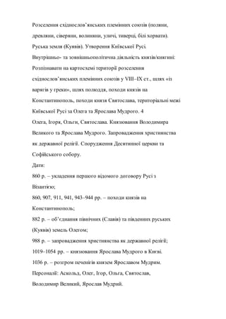 Розселення східнослов’янських племінних союзів (поляни,
древляни, сіверяни, волиняни, уличі, тиверці, білі хорвати).
Руська земля (Куявія). Утворення Київської Русі.
Внутрішньо- та зовнішньополітична діяльність князів/княгині:
Розпізнавати на картосхемі території розселення
східнослов’янських племінних союзів у VIII–IX ст., шлях «із
варягів у греки», шлях полюддя, походи князів на
Константинополь, походи князя Святослава, територіальні межі
Київської Русі за Олега та Ярослава Мудрого. 4
Олега, Ігоря, Ольги, Святослава. Князювання Володимира
Великого та Ярослава Мудрого. Запровадження християнства
як державної релігії. Спорудження Десятинної церкви та
Софійського собору.
Дати:
860 р. – укладення першого відомого договору Русі з
Візантією;
860, 907, 911, 941, 943–944 рр. – походи князів на
Константинополь;
882 р. – об’єднання північних (Славія) та південних руських
(Куявія) земель Олегом;
988 р. – запровадження християнства як державної релігії;
1019–1054 рр. – князювання Ярослава Мудрого в Києві.
1036 р. – розгром печенігів князем Ярославом Мудрим.
Персоналії: Аскольд, Олег, Ігор, Ольга, Святослав,
Володимир Великий, Ярослав Мудрий.
 