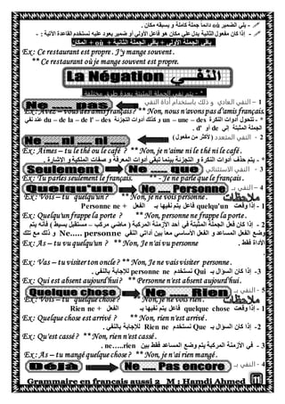 11
-‫يلي‬‫الضمير‬où. ‫مكان‬ ‫يسبقه‬ ‫و‬ ‫كاملة‬ ‫جملة‬ ً‫ا‬‫دائم‬
-: ‫اآلتية‬ ‫القاعدة‬ ‫نستخدم‬ ‫عليه‬ ‫يعود‬ ‫ضمير‬ ‫أو‬ ‫األولي‬ ‫فاعل‬ ‫هو‬ ‫مكان‬ ‫علي‬‫يدل‬ ‫الثانية‬ ‫مفعول‬ ‫كان‬ ‫إذا‬-
+ ‫الثانية‬ ‫الجملة‬ ‫باقي‬ + ‫األولي‬ ‫الجملة‬ ‫باقي‬où‫المكان‬ +
nt.mange souveyEx : Ce restaurant est propre . J'
** Ce restaurant où je mange souvent est propre.
*-‫مختلفة‬ ‫طرق‬ ‫بعدة‬ ‫المثبتة‬ ‫الجملة‬ ‫نفي‬ ‫يتم‬.
1–‫النفي‬ ‫أداة‬ ‫باستخدام‬ ‫ذلك‬ ‫و‬ ‫العادي‬ ‫النفي‬
Ex : Avez – vous des amisfrançais? ** Non, nous n'avonspas d'amis français.
*-‫ت‬‫النكرة‬ ‫أدوات‬ ‫تحول‬un – une – des‫التجزئة‬ ‫أدوات‬ ‫كذلك‬ ‫و‬du – de la – de l' – des‫نفي‬ ‫عند‬
‫المثبتة‬ ‫الجملة‬‫إلي‬de‫أو‬d'.
2-‫ال‬ ‫النفي‬‫متعدد‬)‫مفعول‬ ‫من‬ ‫ألكثر‬(
Ex : Aimes – tu le thé ou le café ? ** Non, je n'aime ni le thé ni le café .
*-. ‫اإلشارة‬ ‫و‬ ‫الملكية‬ ‫صفات‬ ‫و‬ ‫المعرفة‬ ‫أدوات‬ ‫تبقي‬ ‫بينما‬ ‫التجزئة‬ ‫و‬ ‫النكرة‬ ‫أدوات‬ ‫حذف‬ ‫يتم‬
3-‫ال‬ ‫النفي‬‫استثنائي‬.
Ex : Tu parles seulement le français. ** - Je ne parle que le français .
4–‫ال‬‫نفي‬‫بــ‬
Ex : Vois – tu quelqu'un ? ** Non, je ne vois personne .
1-‫وقعت‬ ‫إذا‬quelqu'un‫الفعل‬ ‫بـ‬ ‫نفيها‬ ‫يتم‬ ‫فاعل‬Personne ne +
Ex : Quelqu'un frappe la porte ? ** Non, personne ne frappe la porte .
2-‫إذا‬‫المثبتة‬ ‫الجملة‬ ‫فعل‬ ‫كان‬‫مركب‬ ‫ماضي‬ ( ‫المركبة‬ ‫األزمنة‬ ‫أحد‬ ‫في‬–‫يتم‬ ‫فأنه‬ ) ‫بسيط‬ ‫مستقبل‬
‫النفي‬ ‫أداتي‬ ‫بين‬ ً‫ا‬‫مع‬ ‫األساسي‬ ‫الفعل‬ ‫و‬ ‫المساعد‬ ‫الفعل‬ ‫وضع‬Ne….. personne‫تلك‬ ‫مع‬ ‫ذلك‬ ‫و‬
. ‫فقط‬ ‫األداة‬Ex : As – tu vu quelqu'un ? ** Non, Je n'ai vu personne
.
Ex : Vas – tu visiter ton oncle ? ** Non, Je ne vaisvisiter personne .
3-‫إذا‬‫بـ‬ ‫السؤال‬ ‫كان‬Qui‫نستخدم‬personne ne. ‫بالنفي‬ ‫لإلجابة‬
Ex : Qui est absent aujourd'hui? ** Personne n'est absent aujourd'hui.
5-‫النفي‬‫بــ‬
Ex : Vois – tu quelque chose ? ** Non, je ne vois rien .
1-‫وقعت‬ ‫إذا‬quelque chose‫بـ‬ ‫نفيها‬ ‫يتم‬ ‫فاعل‬‫الفعل‬Rien ne +
Ex : Quelque chose estarrivé ? ** Non, rien n'est arrivé .
2-‫إذا‬‫بـ‬ ‫السؤال‬ ‫كان‬Que‫نستخدم‬Rien ne. ‫بالنفي‬ ‫لإلجابة‬
Ex : Qu'est cassé ? ** Non, rien n'estcassé .
3-‫بين‬ ‫فقط‬ ‫المساعد‬ ‫وضع‬ ‫يتم‬ ‫المركبة‬ ‫األزمنة‬ ‫في‬ne…..rien.
Ex : As – tu mangé quelque chose ? ** Non, je n'ai rien mangé .
4-‫النفي‬‫بــ‬
 