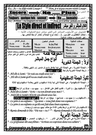 12
Ex : As – tu déjà visité Louxor ? ** Non, je n'aipas encore visité Louxor .
5-‫النفي‬‫بــ‬
Ex : Vas – tu encore au lycée ? ** Non, je ne vais plus au lycée . .
6-‫النفي‬‫بــ‬
Ex : Arrives – tu toujours en retard ? ** Non, je n'arrive jamais en retard .
: ‫الآتية‬ ‫الخطوات‬ ‫نتبع‬ ‫مباشر‬ ‫الغير‬ ‫إلي‬ ‫المباشر‬ ‫الأسلوب‬ ‫من‬ ‫للتحويل‬-
1–. ‫القوسين‬ ‫و‬ ‫النقطتين‬ ‫نحذف‬2–. ‫بها‬ ‫الخاص‬ ‫الرابط‬ ‫نختار‬ ‫و‬ ‫الجملة‬ ‫نوع‬ ‫نحدد‬
3–‫الضمائر‬ ‫نغير‬. ‫الملكية‬ ‫صفات‬ ‫و‬
‫ضم‬‫ائر‬‫الملكية‬ ‫وصفات‬ ‫المفعول‬ ‫و‬ ‫الفاعل‬
‫مباشر‬ ‫الغير‬ ‫في‬ ‫التتغير‬ ‫و‬ ‫هي‬ ‫كما‬ ‫تبقي‬ ‫الغائب‬
*-. ‫بنقطة‬ ‫تنتهي‬ ‫و‬ ) ‫ضمير‬ ‫أو‬ ‫(اسم‬ ‫بفاعل‬ ‫تبدأ‬ ‫التي‬ ‫الجملة‬ ‫هي‬ : ‫الخبرية‬ ‫الجملة‬
*-‫بالرابط‬ ‫الخبرية‬ ‫الجملة‬ ‫نربط‬qu' }–{ que.
*- Ali dit à Sami: " Je vais au stade avec toi " .
* - Ali dit à Sami qu'il va au stade avec lui .
*-‫ثالثة‬ ‫ولها‬ ‫استفهام‬ ‫بعالمة‬ ‫تنتهي‬ ‫و‬ ‫استفهام‬ ‫بأداة‬ ‫تبدأ‬ ‫التي‬ ‫الجملة‬ ‫هي‬ : ‫االستفهامية‬ ‫الجملة‬
‫أنواع‬
1–‫النبرة‬ ( : ‫بهل‬ ‫االستفهام‬–‫ع‬ ‫الفعل‬ ‫تقديم‬‫الفاعل‬ ‫لي‬–‫بـ‬ce que–Est‫الرابط‬ ‫و‬ ){ Si }
*- Adel dit à Samir : " écris – tu ton devoir avec moi ? " .
* - Adel dit à Samir s'il écrit son devoir avec lui .
2-‫ب‬ ‫االستفهام‬‫ـ‬( :ce que–/ qu'estueQ‫الرابط‬ ‫و‬ )}ce qu'–Ce que{
*- Le père à ses enfants : " Qu'avez – vousfait dans vos examens ? "
*- Le père à ses enfants ce qu'ilsont faitdans leurs examens .
3‫حذف‬ ‫مع‬ ‫األداة‬ ‫بنفس‬ ‫نربط‬ ‫أخري‬ ‫أداة‬ ‫بأي‬ ‫االستفهام‬est-ce que. ‫وجدت‬ ‫إن‬
*- Rania demande à Ola : "Où vas – tu ? " * - Rania demande à Ola où elle va
*-‫األمر‬ ‫في‬ ‫بفعل‬ ‫تبدأ‬ ‫التي‬ ‫هي‬ ‫األمرية‬ ‫الجملة‬* .–‫المصدر‬ ‫بـ‬ ‫نربطها‬+d' }–de{
*- Le professeur dit aux élèves : " écrivezces exercices dansvoscahiers" .
‫الفاعل‬ ‫ضمائر‬
Je,tu Il ,elle
Nous,vous Ils,elles
‫ضمائر‬‫ا‬‫لمفعول‬
Me,te le,la,l'lui
Nous,vous Ies,leur,eux
Moi,toi lui
‫الملكية‬ ‫صفات‬
Mon,ton son
Ma,ta sa
Mes,tes ses
Notre,votre leur
Nous,vous leurs
Moi,toi lui
 