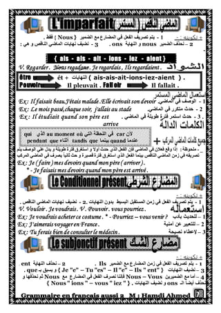 7
: ‫تكوينه‬-1-‫يت‬‫الضمير‬ ‫مع‬ ‫المضارع‬ ‫في‬ ‫الفعل‬ ‫تصريف‬ ‫م‬Nous }{. ‫فقط‬
2–‫الضمير‬ ‫نحذف‬nous‫النهاية‬ ‫و‬ons.3-: ‫هي‬ ‫و‬ ‫الناقص‬ ‫الماضي‬ ‫نهايات‬ ‫نضيف‬
-
}aient-iez-ions-ait-ais-ais{
V. Regarder . Nous regadons . Je regardais , Ils regardaient .
( ais-ais-ait-ions-iez-aient ) .‫النهايات‬être ét +
Pouvoir Il pleuvait . Fall oir Il fallait .
1-‫ال‬ ‫في‬ ‫الوصف‬.‫ماضي‬Ex : Il faisait beau.J'étais malade .Elle écrivaitson devoir
2-.‫الماضي‬ ‫في‬ ‫متكرر‬ ‫حدث‬Ex : Le mois passé,chaque soir, j'allais au stade
.3-. ‫الماضي‬ ‫في‬ ‫طويلة‬ ‫فترة‬ ‫استمر‬ ‫حدث‬Ex : Il étudiait quand son père est
arrive
-‫إذ‬ :‫ملحوظة‬‫فإن‬ ‫الماضي‬ ‫في‬ ‫فعالن‬ ‫وقع‬ ‫ا‬ً‫ال‬‫أو‬ ‫حدث‬ ‫الذي‬ ‫الفعل‬‫يتم‬ ‫الوصف‬ ‫علي‬ ‫يدل‬ ‫و‬ ‫طويلة‬ ‫فترة‬ ‫استغرق‬ ‫و‬
‫المركب‬ ‫الماضي‬ ‫في‬ ‫يصرف‬ ً‫ا‬‫ثاني‬ ‫حث‬ ‫و‬ ‫قصيرة‬ ‫فترة‬ ‫استغرق‬ ‫الذي‬ ‫الفعل‬ ‫بينما‬ ‫الناقص‬ ‫الماضي‬ ‫زمن‬ ‫في‬ ‫تصريفه‬
Ex : Je ( faire ) mes devoirs quand mon père ( arriver ) .
* - Je faisais mes devoirs quand mon père est arrivé .
: ‫تكوينه‬-
1-‫يت‬. ‫النهايات‬ ‫بدون‬ ‫البسيط‬ ‫المستقبل‬ ‫زمن‬ ‫في‬ ‫الفعل‬ ‫تصريف‬ ‫م‬2-. ‫الناقص‬ ‫الماضي‬ ‫نهايات‬ ‫نضيف‬
V. Vouloir . Je voudrais. V . Pouvoir . vous pourriez.
1–‫بأدب‬ ‫للحديث‬Ex : Je voudrais acheter ce costume . * - Pourriez – vous venir ?
2–‫أمنية‬ ‫عن‬ ‫للتعبير‬Ex : J'aimerais voyager en France .
3–‫نصيحة‬ ‫إلعطاء‬Ex : Tu ferais bien de consulter le médecin .
: ‫تكوينه‬-
1-‫يت‬‫الم‬ ‫زمن‬ ‫في‬ ‫الفعل‬ ‫تصريف‬ ‫م‬‫الضمير‬ ‫مع‬ ‫ضارع‬Ils.2–‫النهاية‬ ‫نحذف‬ent.
3–‫النهايات‬ ‫نضيف‬{ Je "e" – Tu "es" – Il "e" – Ils " ent" }‫بـ‬ ‫يسبق‬ ‫و‬que.
4–‫الضميرين‬ ‫مع‬ ‫أما‬Nous – Vous‫مع‬ ‫المضارع‬ ‫في‬ ‫الفعل‬ ‫نصرف‬ ‫فإننا‬Nous‫و‬ ‫نحذفها‬ ‫ثم‬
‫الـ‬ ً‫ا‬‫أيض‬ ‫نحذف‬ons‫النهايات‬ ‫نضيف‬ ‫و‬{ Nous " ions " – vous " iez " } .
‫آلن‬car‫التي‬ ‫اللحظة‬ ‫في‬au moment où‫الذي‬qui
‫عندما‬quand‫بينما‬tandis que‫أثناء‬pendant que
 