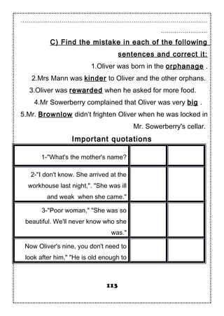 ……………………………………………………………………………………
……………………
C) Find the mistake in each of the following
sentences and correct it:
1.Oliver was born in the orphanage .
2.Mrs Mann was kinder to Oliver and the other orphans.
3.Oliver was rewarded when he asked for more food.
4.Mr Sowerberry complained that Oliver was very big .
5.Mr. Brownlow didn’t frighten Oliver when he was locked in
Mr. Sowerberry's cellar.
Important quotations
1-"What's the mother's name?
2-"I don't know. She arrived at the
workhouse last night,". "She was ill
and weak when she came."
3-"Poor woman," "She was so
beautiful. We'll never know who she
was."
Now Oliver's nine, you don't need to
look after him," "He is old enough to
113
 