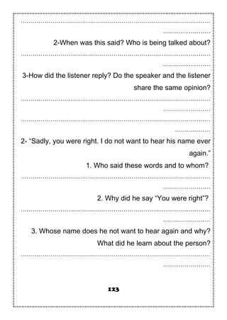 ……………………………………………………………………………………
……………………
2-When was this said? Who is being talked about?
……………………………………………………………………………………
……………………
3-How did the listener reply? Do the speaker and the listener
share the same opinion?
……………………………………………………………………………………
……………………
……………………………………………………………………………………
………………
2- “Sadly, you were right. I do not want to hear his name ever
again.”
1. Who said these words and to whom?
……………………………………………………………………………………
……………………
2. Why did he say “You were right”?
……………………………………………………………………………………
……………………
3. Whose name does he not want to hear again and why?
What did he learn about the person?
……………………………………………………………………………………
……………………
123
 