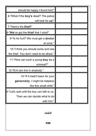 should be happy I found him!"
6-"What if the boy's dead? The police
will look for us!”
7-"Here's the thief!”
8-"We've got the thief that I shot!"
9-"Is he hurt? We must get a doctor
at once."
10-"I think you should come and see
the thief. You don't need to be afraid."
11-"How can such a young boy be a
criminal?"
12-"Evil can live in anybody."
13-"If it hadn't been for your
generosity, I might be helpless
like this small child."
14-"Let's wait until the boy can talk to us.
Then we can decide what to do
with him."
‫قطعة‬
132
 