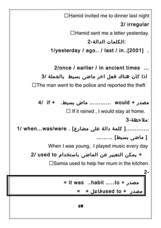 Hamid invited me to dinner last night
2/ irregular
Hamid sent me a letter yesterday.
2-‫الدالة‬ ‫:الكلما ت‬
1/yesterday / ago.. / last / in..[2001] .
2/once / earlier / in ancient times …
3/ ‫دبالجملة‬ ‫دبسيط‬ ‫ماضى‬ ‫اتخر‬ ‫فعل‬ ‫هناك‬ ‫كان‬ ‫اذا‬
The man went to the police and reported the theft
4/ if + .‫دبسيط‬ ‫ماض‬ ………… would + ‫مصدر‬
 If it rained , I would stay at home.
3-‫:ملحظة‬
1/ when…was/were . [‫مضارع‬ ‫على‬ ‫دالة‬ ‫كلمة‬ ].............
……… [‫دبسيط‬ ‫ماضى‬ ]
When I was young, I played music every day
2/ used to ‫دباستخدام‬ ‫الماضى‬ ‫عن‬ ‫التعبير‬ ‫يمكن‬ +
Samia used to help her mum in the kitchen.
2-
= it was ..habit …..to + ‫مصدر‬
= + ‫فاعل‬used to + ‫مصدر‬
18
 