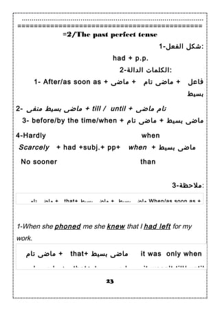 .............................................................................................
=============================================
=2/The past perfect tense
1-‫الفعل‬ ‫:شكل‬
had + p.p.
2-‫الدالة‬ ‫:الكلما ت‬
1- After/as soon as + ‫ماضى‬ + ‫تام‬ ‫ماضى‬ + ‫فاعل‬
‫دبسيط‬
2- ‫منفى‬ ‫دبسيط‬ ‫ماضى‬ + till / until + ‫تام‬‫ماضى‬
3- before/by the time/when + ‫ماضى‬‫دبسيط‬‫تام‬ ‫ماضى‬ +
4-Hardly when
Scarcely + had +subj.+ pp+ when + ‫دبسيط‬ ‫ماضى‬
3-‫:ملحظة‬
1-When she phoned me she knew that I had left for my
work.
2-
23
No sooner than
‫تام‬ ‫ماضى‬ + that+ ‫دبسيط‬ ‫ماضى‬ + ‫دبسيط‬ ‫ماضى‬ When/as soon as +
‫تام‬ ‫ماضى‬ + that+ ‫دبسيط‬ ‫ماضى‬ it was only when
‫تام‬ ‫ماضى‬ + that+ ‫دبسيط‬ ‫ماضى‬ it wasn’t till/ until
 