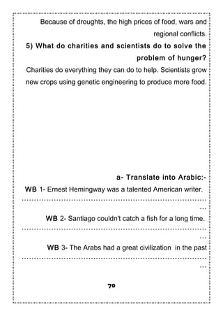 Because of droughts, the high prices of food, wars and
regional conflicts.
5) What do charities and scientists do to solve the
problem of hunger?
Charities do everything they can do to help. Scientists grow
new crops using genetic engineering to produce more food.
a- Translate into Arabic:-
WB 1- Ernest Hemingway was a talented American writer.
…………………………………………………………………
…
WB 2- Santiago couldn't catch a fish for a long time.
…………………………………………………………………
…
WB 3- The Arabs had a great civilization in the past
…………………………………………………………………
…
70
 