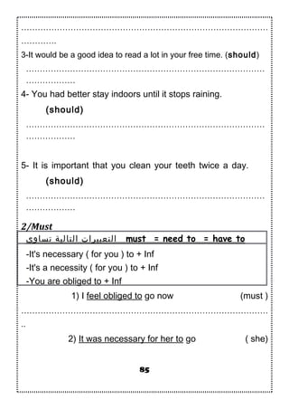 ………………………………………………………………………………
………….
3-It would be a good idea to read a lot in your free time. (should)
……………………………………………………………………………
………………
4- You had better stay indoors until it stops raining.
(should)
……………………………………………………………………………
………………
5- It is important that you clean your teeth twice a day.
(should)
……………………………………………………………………………
………………
2/Must
‫تساوى‬ ‫التالية‬ ‫التعبيرا.ت‬ must = need to = have to
-It's necessary ( for you ) to + Inf
-It's a necessity ( for you ) to + Inf
-You are obliged to + Inf
1) I feel obliged to go now (must )
………………………………………………………………………………
..
2) It was necessary for her to go ( she)
85
 