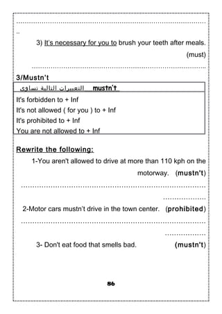 ………………………………………………………………………………
..
3) It’s necessary for you to brush your teeth after meals.
(must)
………………………………………………………………………..
3/Mustn’t
‫تساوى‬ ‫التالية‬ ‫التعبيرا.ت‬ mustn’t
It's forbidden to + Inf
It's not allowed ( for you ) to + Inf
It's prohibited to + Inf
You are not allowed to + Inf
Rewrite the following:
1-You aren't allowed to drive at more than 110 kph on the
motorway. (mustn't)
………………………………………………………………………
……………….
2-Motor cars mustn’t drive in the town center. (prohibited)
………………………………………………………………………
………………
3- Don't eat food that smells bad. (mustn't)
86
 