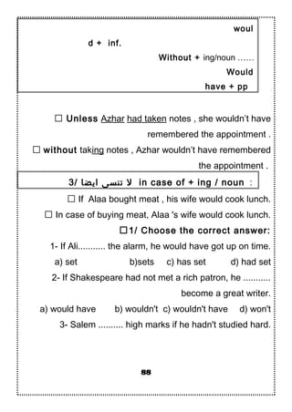 woul
d + inf.
Without + ing/noun ……
Would
have + pp
 Unless Azhar had taken notes , she wouldn’t have
remembered the appointment .
 without taking notes , Azhar wouldn’t have remembered
the appointment .
3/ ‫ايضا‬ ‫تنسى‬ ‫ل‬ in case of + ing / noun :
 If Alaa bought meat , his wife would cook lunch.
 In case of buying meat, Alaa 's wife would cook lunch.
1/ Choose the correct answer:
1- If Ali........... the alarm, he would have got up on time.
a) set b)sets c) has set d) had set
2- If Shakespeare had not met a rich patron, he ...........
become a great writer.
a) would have b) wouldn't c) wouldn't have d) won't
3- Salem .......... high marks if he hadn't studied hard.
88
 