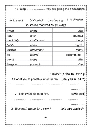15- Stop………………… you are giving me a headache.
a- to shout b-shouted c – shouting d- to shouting
2- Verbs followed by (v.+ing)
avoid enjoy like
hate love suggest
can't help can't stand deny
finish keep regret
involve remember fancy
go spend recommend
admit enjoy like
imagine prevent stop
1/Rewrite the following:
1-I want you to post this letter for me. (Do you mind ?)
………………………………………………………………………
……………
2-I didn't want to meet him. (avoided)
………………………………………………………………………
……………
3- Why don't we go for a swim? (He suggested)
94
 