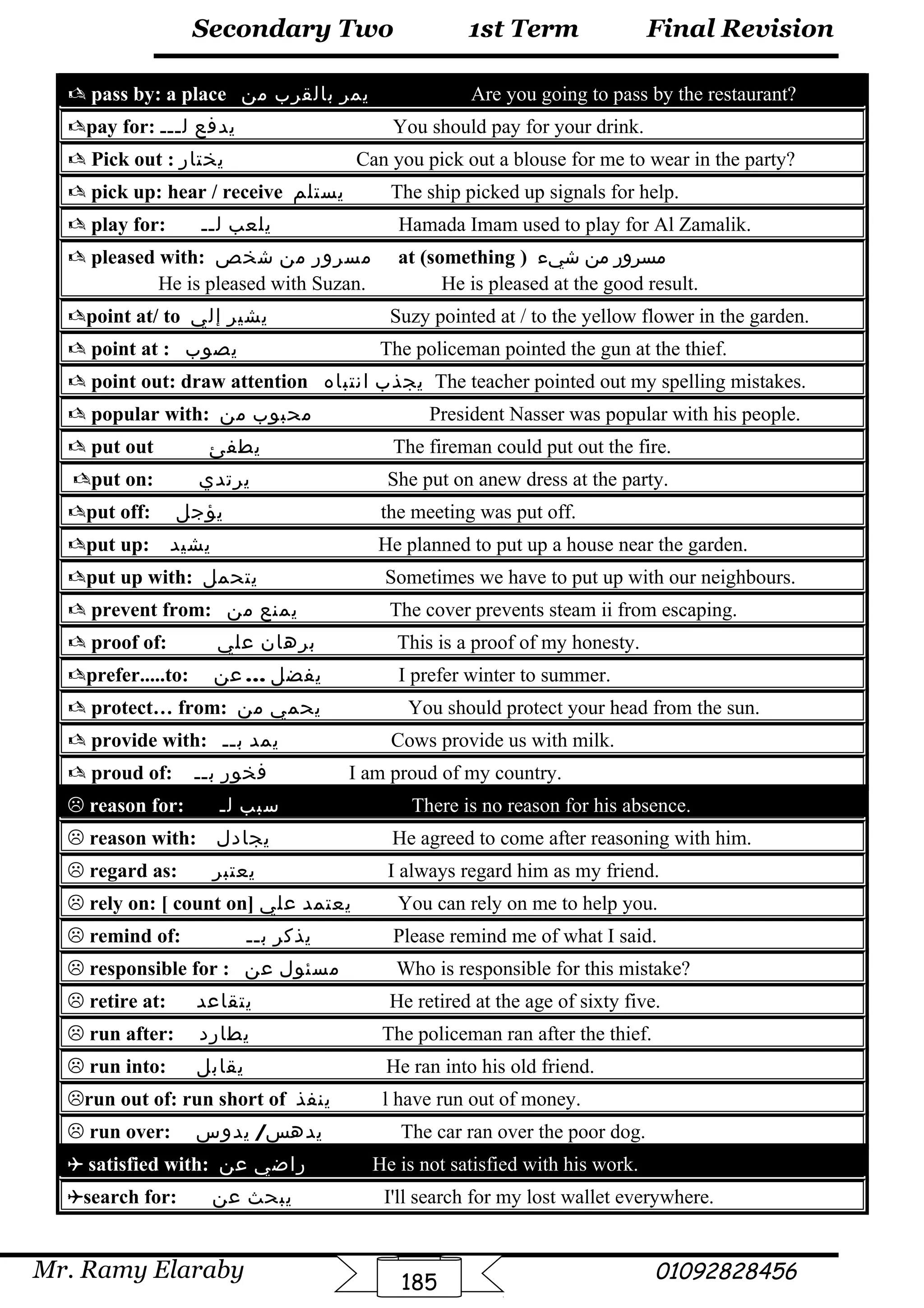Final Revision
Mr. Ramy Elaraby 01092828456
Secondary Two
185
1st Term
 pass by: a place ‫يمر‬‫بالقرب‬‫من‬ Are you going to pass by the restaurant?
pay for: ‫يدفع‬‫لـــ‬ You should pay for your drink.
 Pick out : ‫يختار‬ Can you pick out a blouse for me to wear in the party?
 pick up: hear / receive ‫يستلم‬ The ship picked up signals for help.
 play for: ‫يلعب‬‫لــ‬ Hamada Imam used to play for Al Zamalik.
 pleased with: ‫مسرور‬‫من‬‫شخص‬ at (something ) ‫مسرور‬‫من‬‫شيء‬
He is pleased with Suzan. He is pleased at the good result.
point at/ to ‫يشير‬‫إلي‬ Suzy pointed at / to the yellow flower in the garden.
 point at : ‫يصوب‬ The policeman pointed the gun at the thief.
 point out: draw attention ‫يجذب‬‫انتباه‬ The teacher pointed out my spelling mistakes.
 popular with: ‫محبوب‬‫من‬ President Nasser was popular with his people.
 put out ‫يطفئ‬ The fireman could put out the fire.
put on: ‫يرتدي‬ She put on anew dress at the party.
put off: ‫يؤجل‬ the meeting was put off.
put up: ‫يشيد‬ He planned to put up a house near the garden.
put up with: ‫يتحمل‬ Sometimes we have to put up with our neighbours.
 prevent from: ‫يمنع‬‫من‬ The cover prevents steam ii from escaping.
 proof of: ‫برهان‬‫علي‬ This is a proof of my honesty.
prefer.....to: ‫يفضل‬...‫عن‬ I prefer winter to summer.
 protect… from: ‫يحمي‬‫من‬ You should protect your head from the sun.
 provide with: ‫يمد‬‫بــ‬ Cows provide us with milk.
 proud of: ‫فخور‬‫بــ‬ I am proud of my country.
 reason for: ‫سبب‬‫لـ‬ There is no reason for his absence.
 reason with: ‫يجادل‬ He agreed to come after reasoning with him.
 regard as: ‫يعتبر‬ I always regard him as my friend.
 rely on: [ count on] ‫يعتمد‬‫علي‬ You can rely on me to help you.
 remind of: ‫يذكر‬‫بــ‬ Please remind me of what I said.
 responsible for : ‫مسئول‬‫عن‬ Who is responsible for this mistake?
 retire at: ‫يتقاعد‬ He retired at the age of sixty five.
 run after: ‫يطارد‬ The policeman ran after the thief.
 run into: ‫يقابل‬ He ran into his old friend.
run out of: run short of ‫ينفذ‬ l have run out of money.
 run over: /‫يدوس‬ ‫يدهس‬ The car ran over the poor dog.
 satisfied with: ‫راضي‬‫عن‬ He is not satisfied with his work.
search for: ‫يبحث‬‫عن‬ I'll search for my lost wallet everywhere.
 